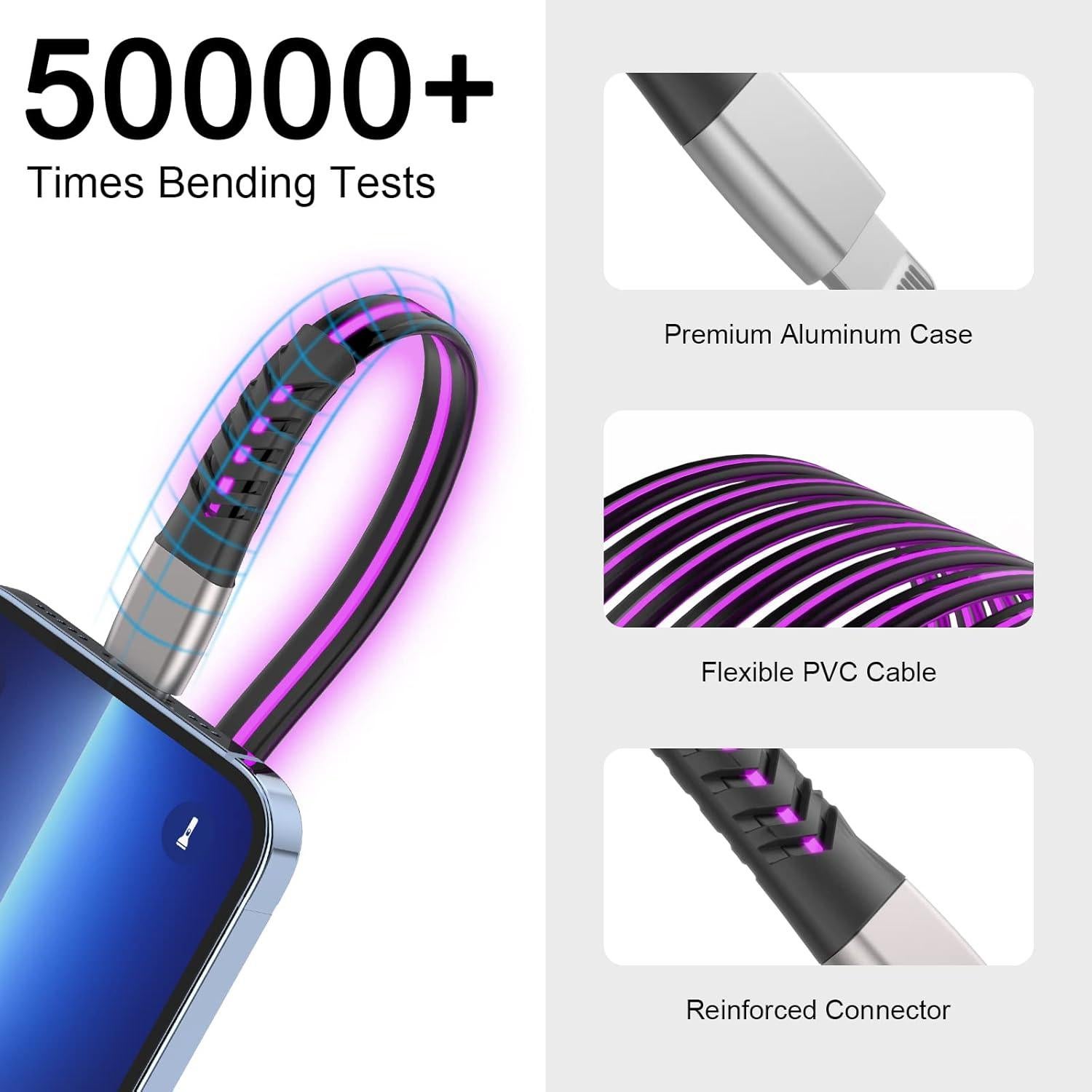 Cable de Carga Rápida LED Haydyson 1.83m Lightning MFi Púrpura