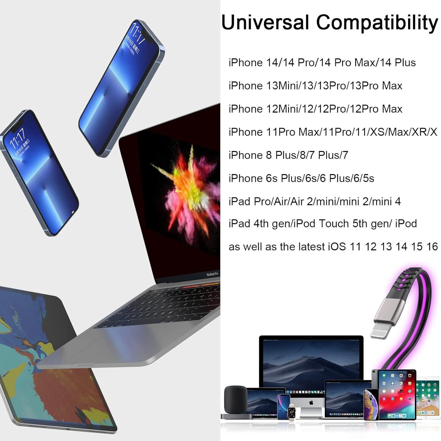 Cable de Carga Rápida LED Haydyson 1.83m Lightning MFi Púrpura