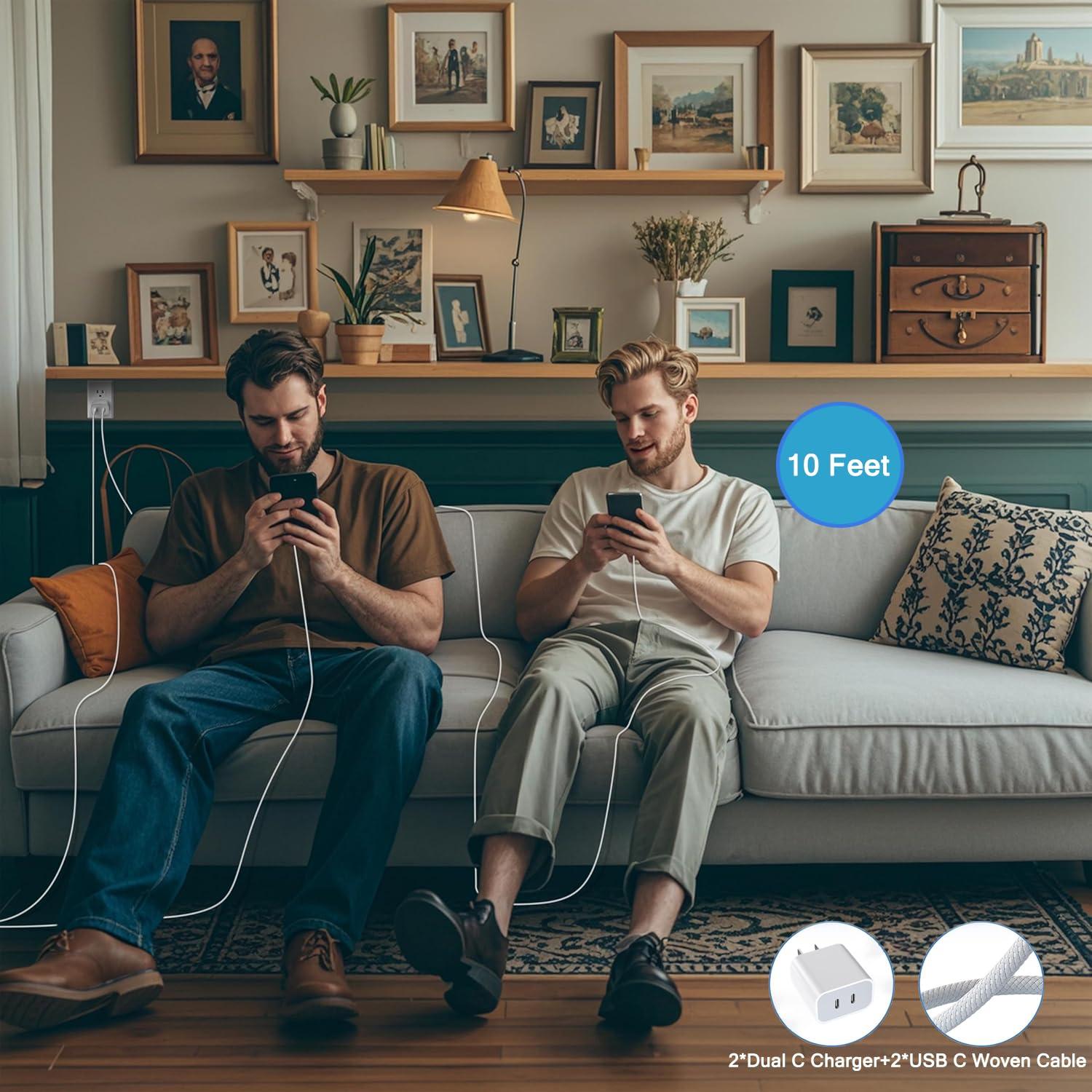 Cargador Rápido Doble USB C 20W + Cable Trenzado 3m para iPhone