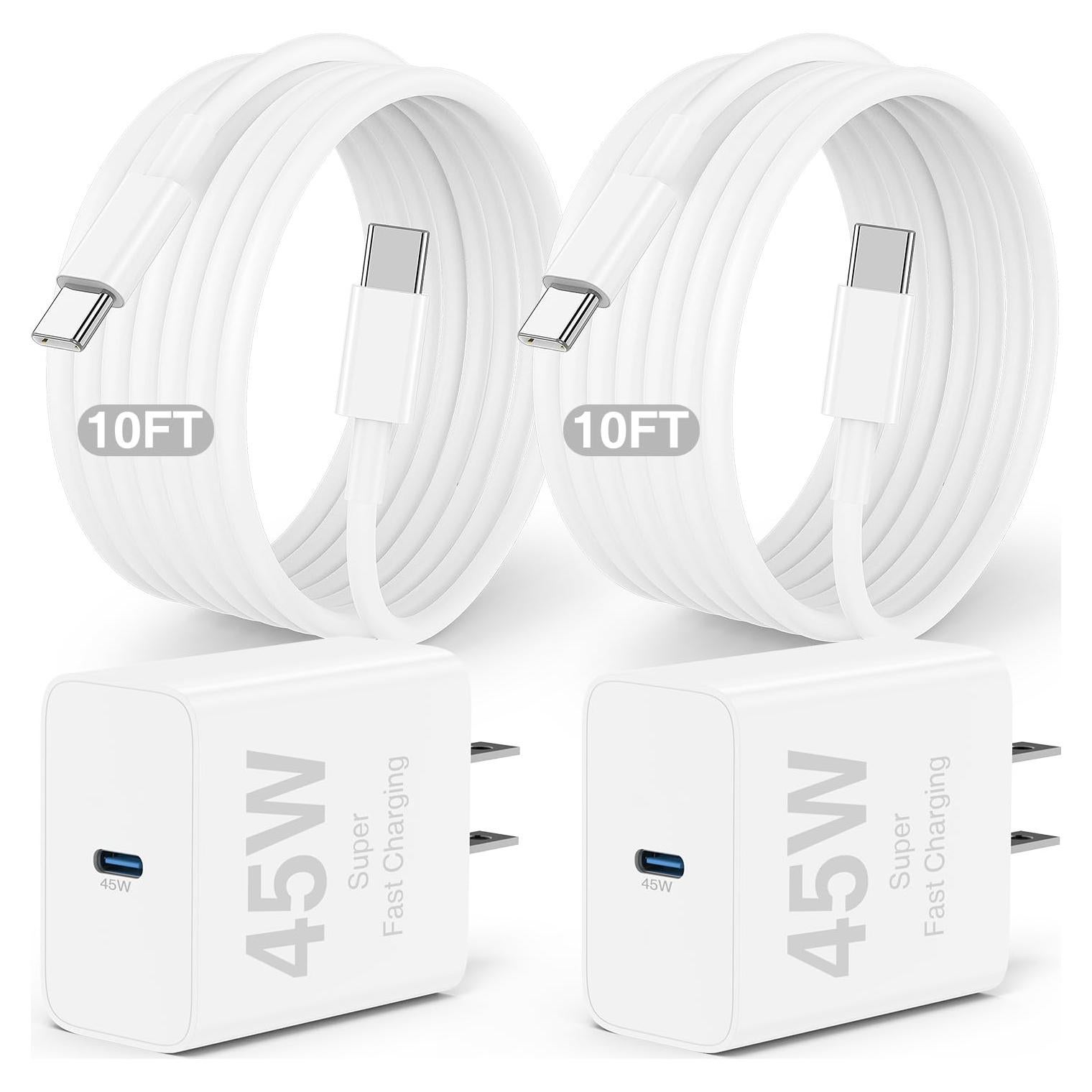 Cargador Rápido 45W USB C 2Pack con Cable 10 pies para iPhone