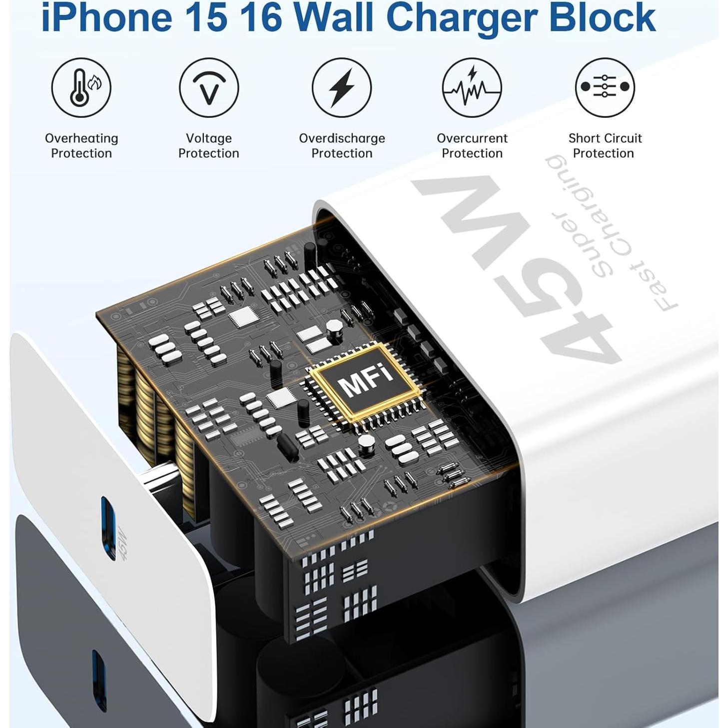 Cargador Rápido 45W USB C 2Pack con Cable 10 pies para iPhone