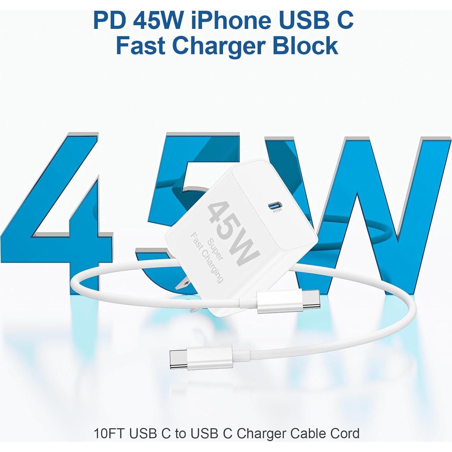 Cargador Rápido 45W USB C 2Pack con Cable 10 pies para iPhone