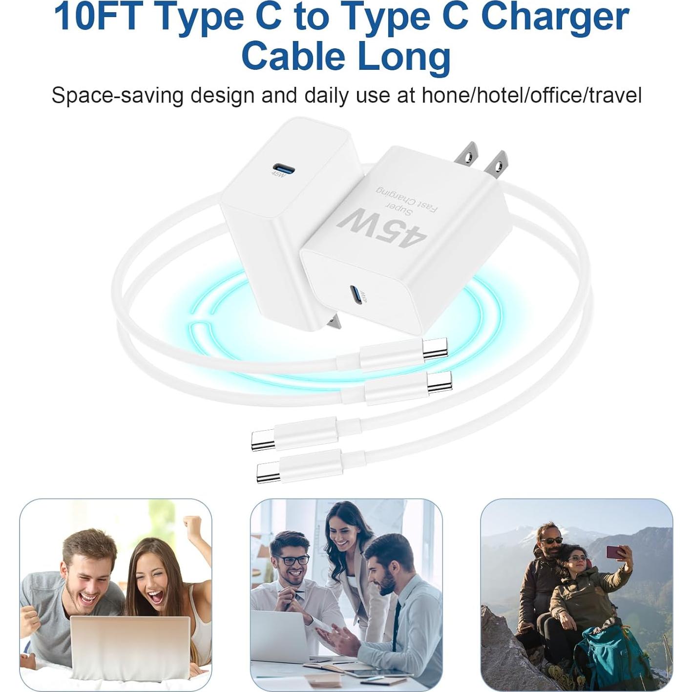 Cargador Rápido 45W USB C 2Pack con Cable 10 pies para iPhone