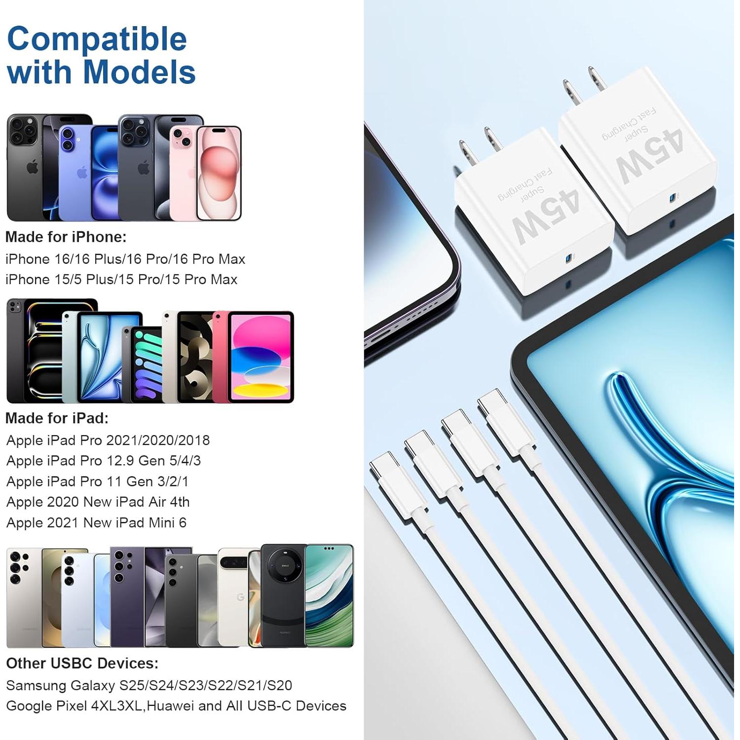 Cargador Rápido 45W USB C 2Pack con Cable 10 pies para iPhone