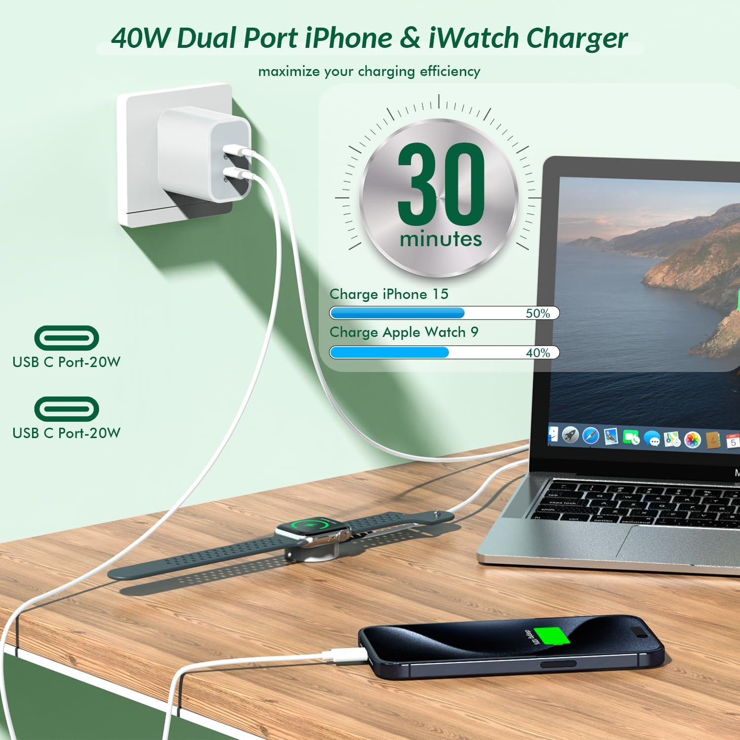 Cargador Rápido Doble USB C 40W para Apple Watch e iPhone