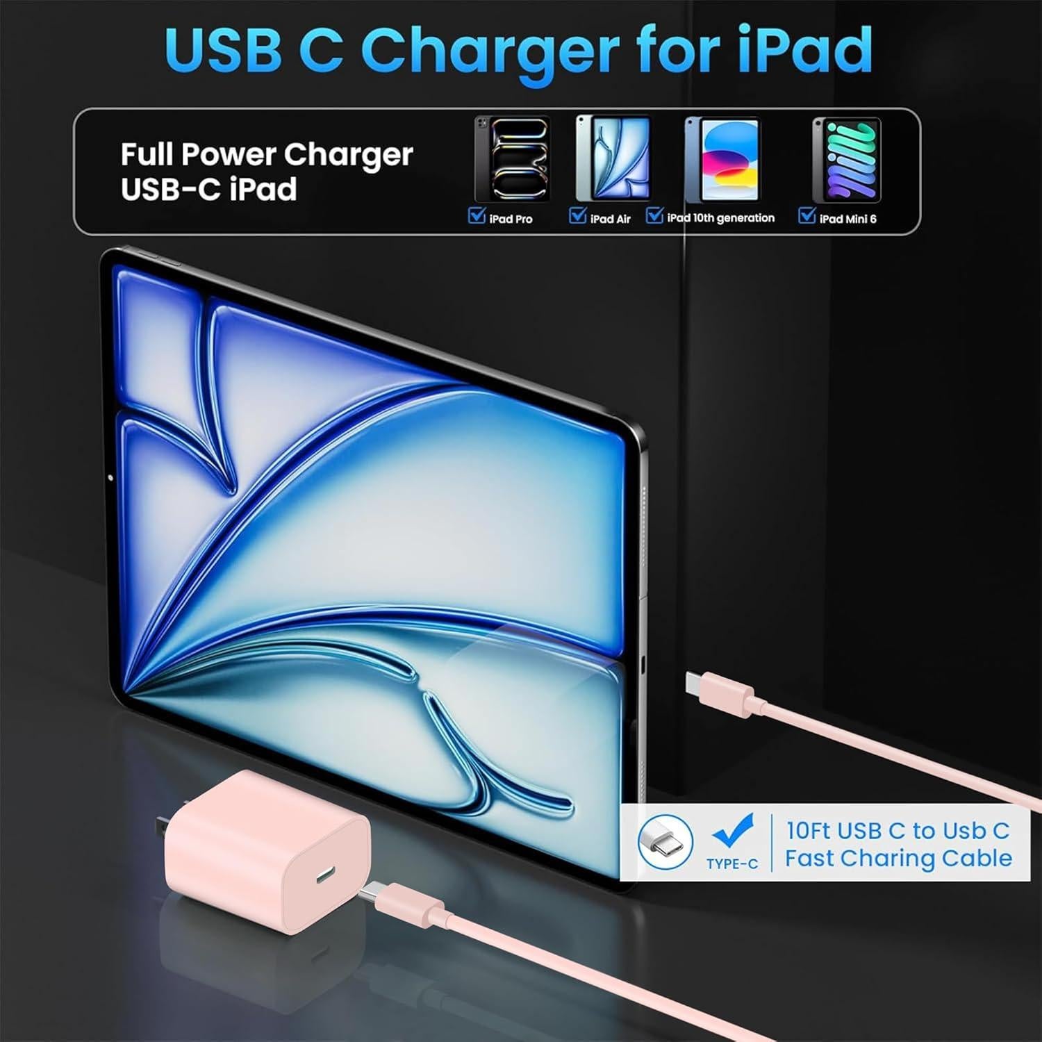 Cargador USB C 20W + Cable 10 pies para iPad - 2 Paquetes