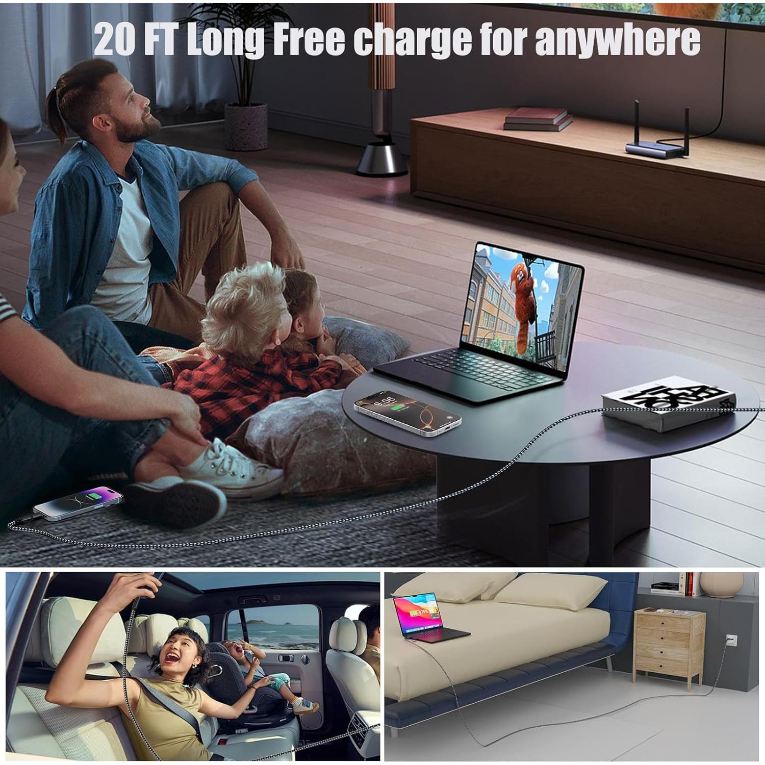 Cable de Carga Extra Largo 6m 60W USB-C y Lightning para iPhone