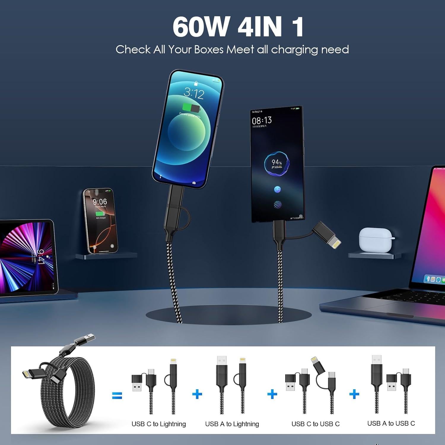 Cable de Carga Extra Largo 6m 60W USB-C y Lightning para iPhone