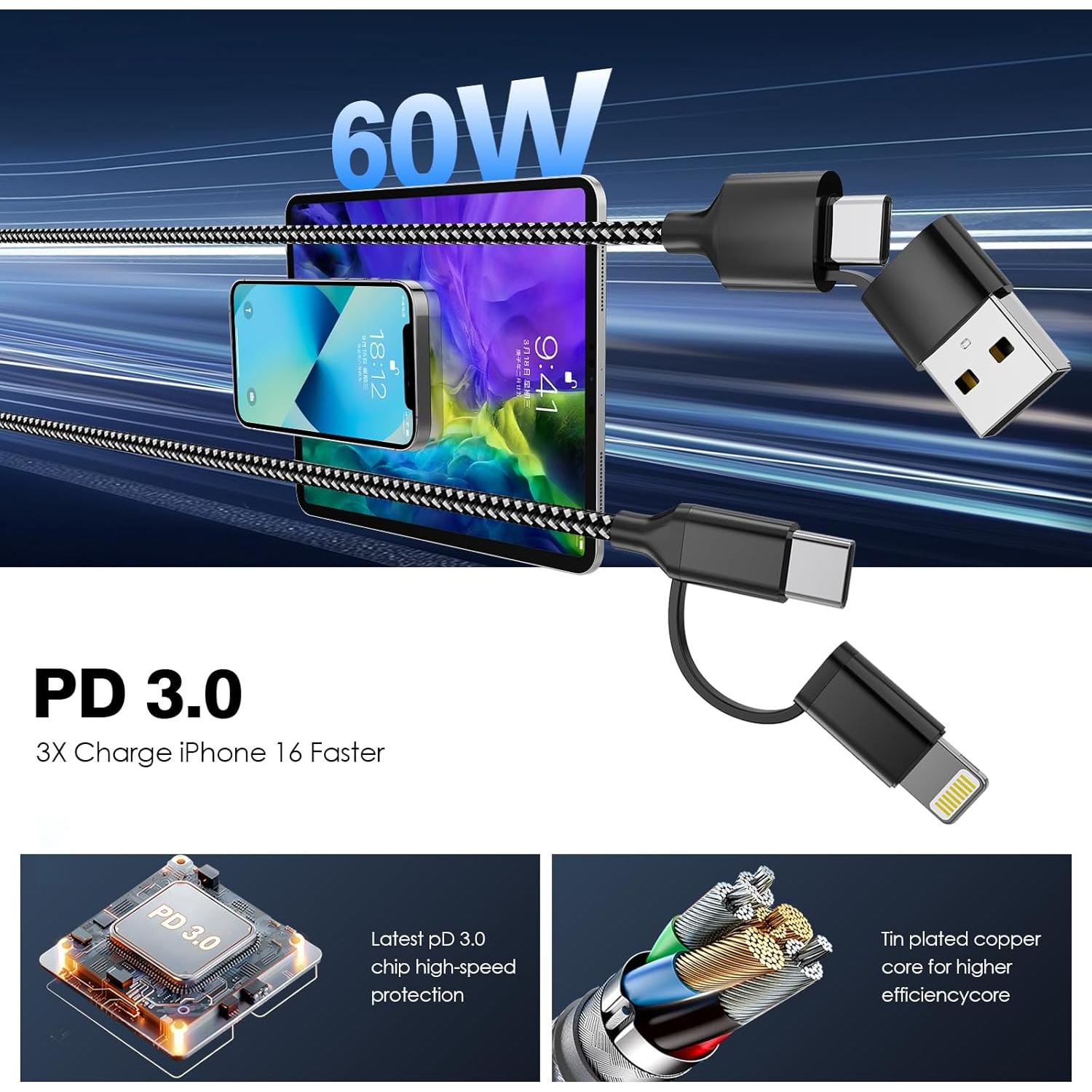 Cable de Carga Extra Largo 6m 60W USB-C y Lightning para iPhone