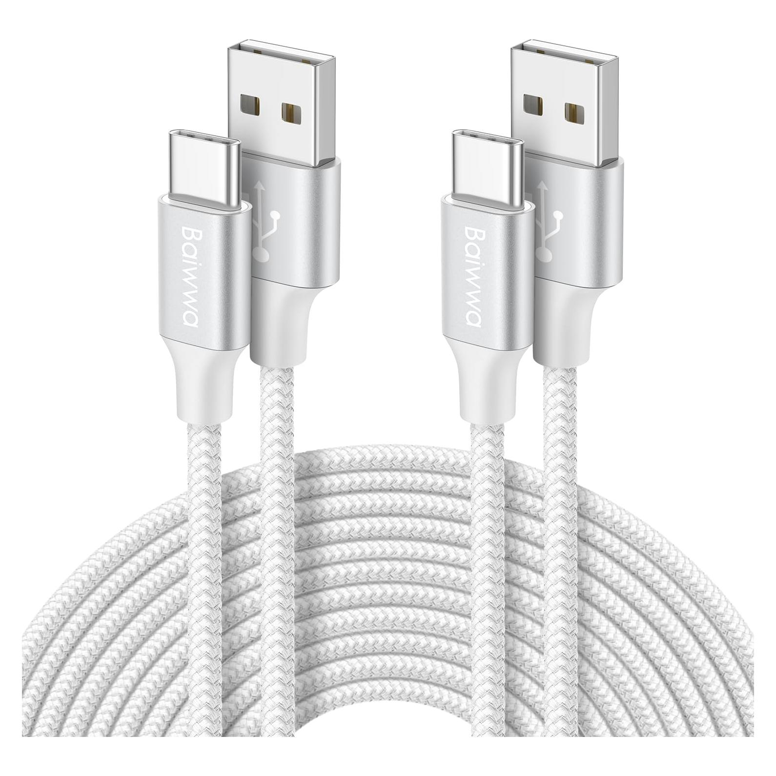 Cable USB Tipo C Baiwwa Blanco 3m - Paquete de 2, Carga Rápida