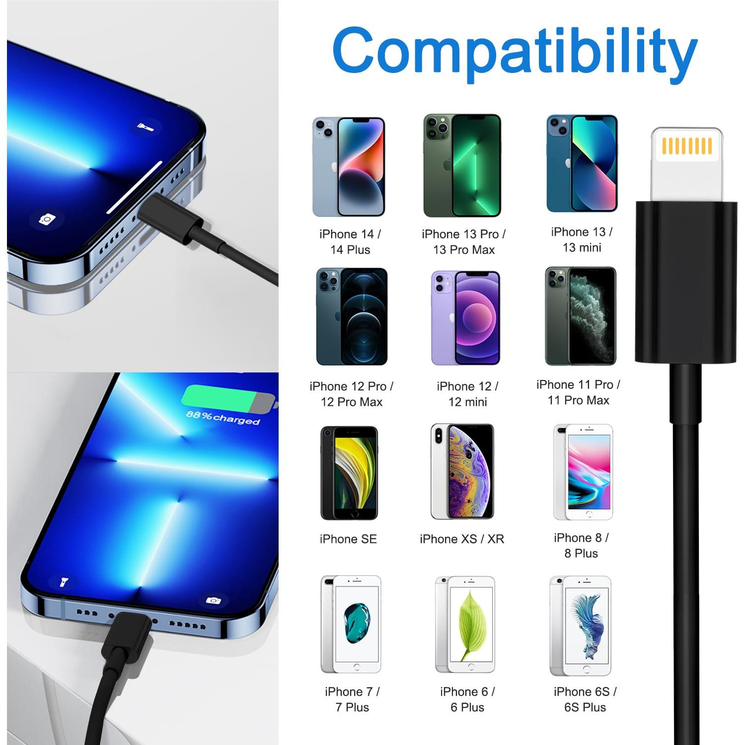 Paquete de 4 Cables USB a Lightning MFi 2m Negro para iPhone