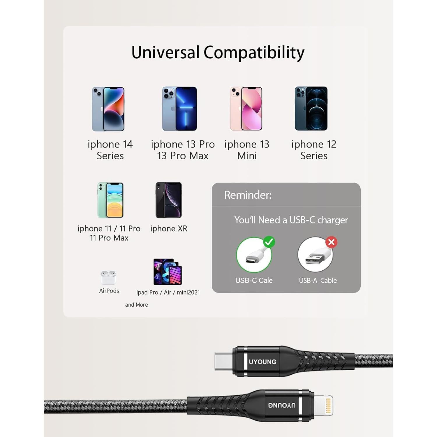 Cargador Rápido USB C a Lightning UYOUNG 3M para iPhone