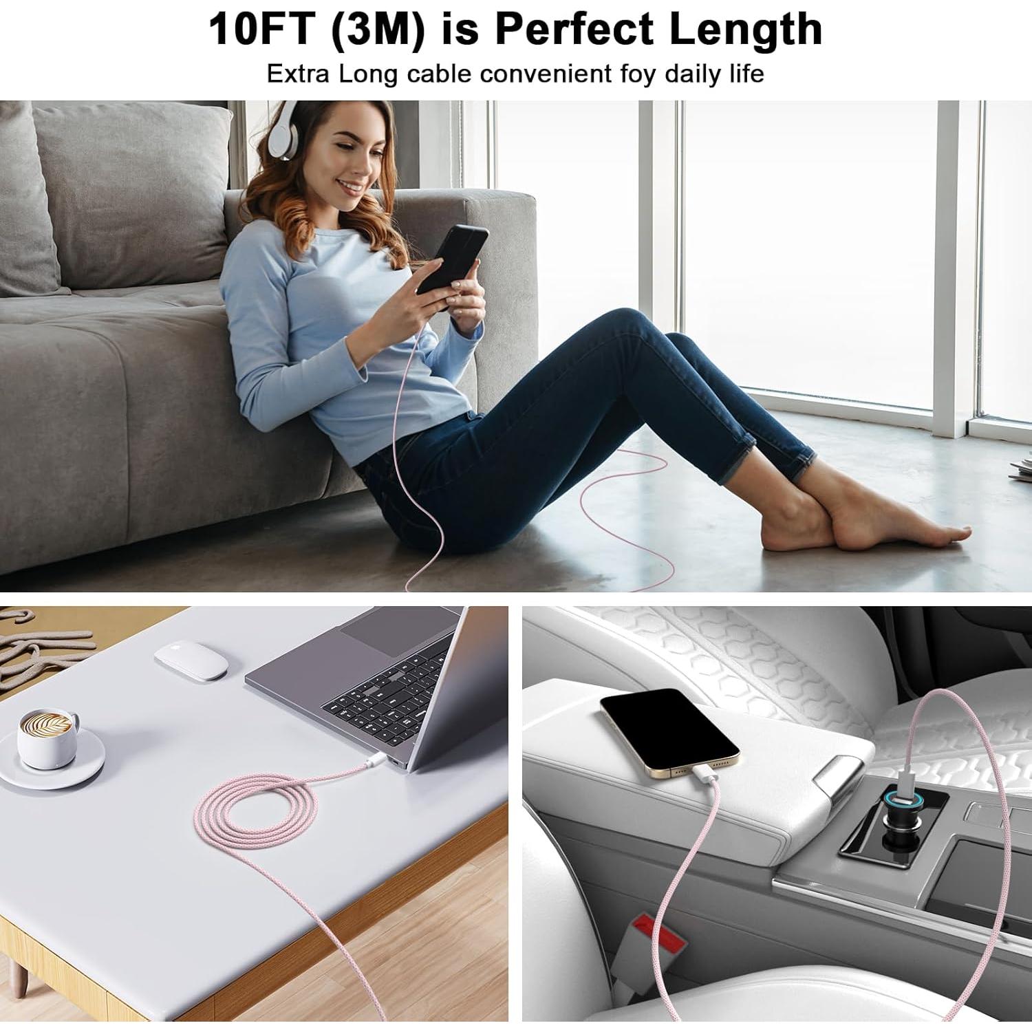 Cable de carga USB C a C 3M Kassdin 60W Rosa - 2 Pack