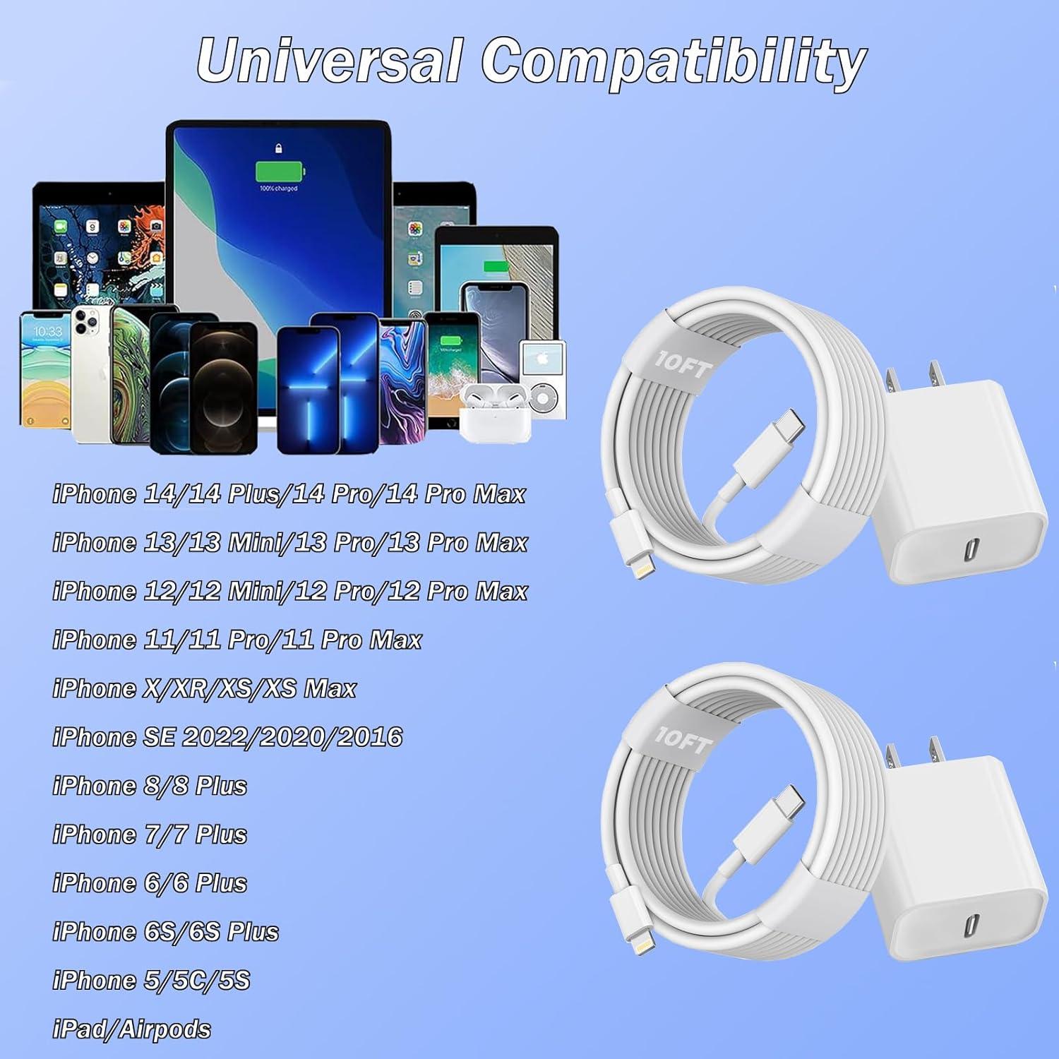 Cargador Rápido USB C PD 3.0 para iPhone - 2 Pack 10FT MFi