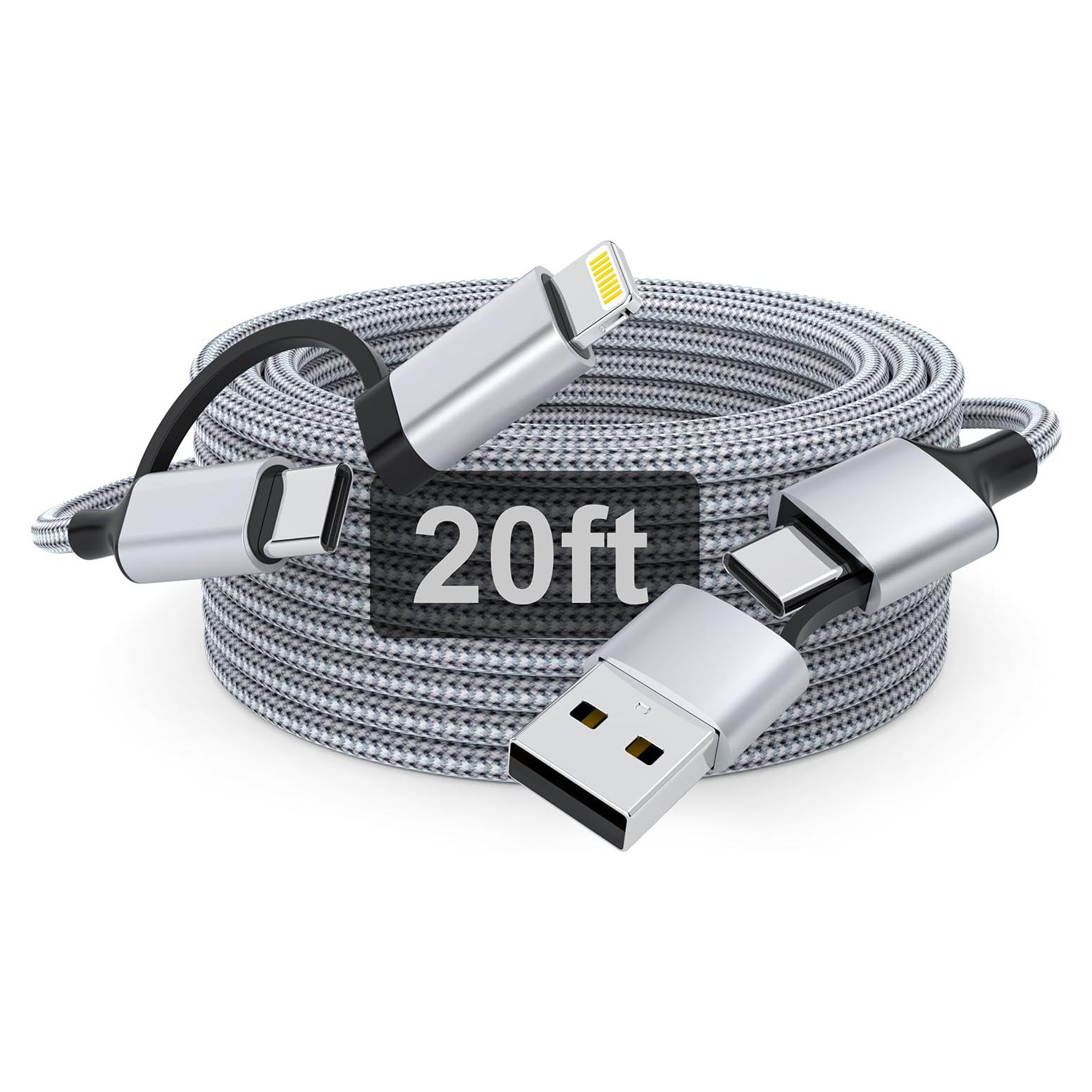 Cable de Carga Extra Largo 6m USB-C y Lightning 60W Gris