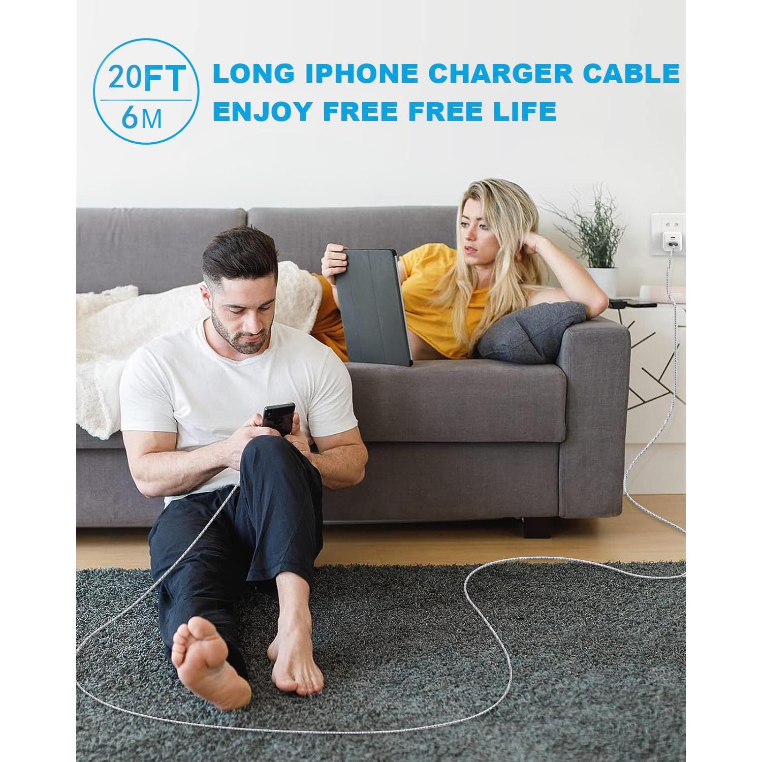 Cable de Carga Extra Largo 6m USB-C y Lightning 60W Gris