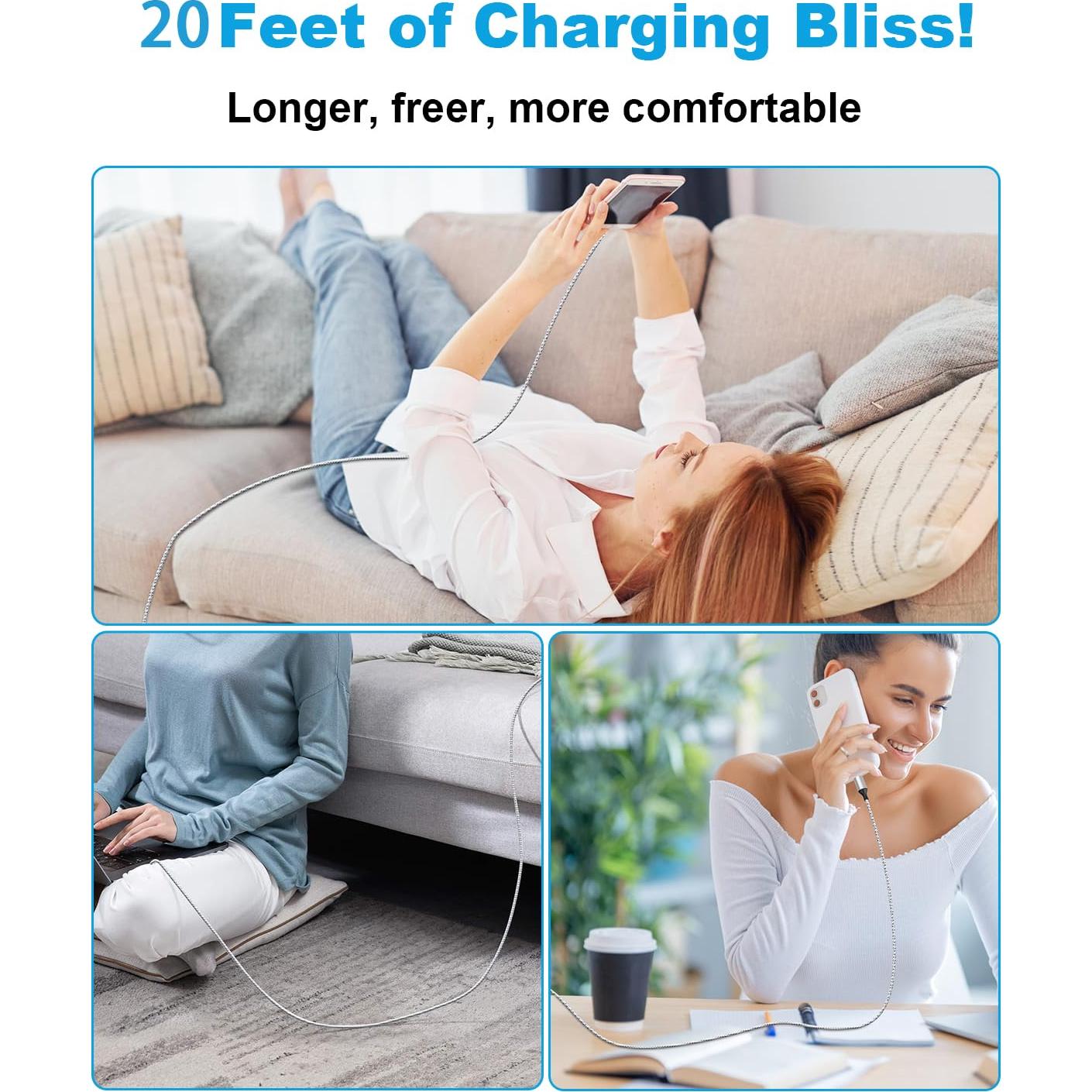 Cable de Carga Extra Largo 6m USB-C y Lightning 60W Gris