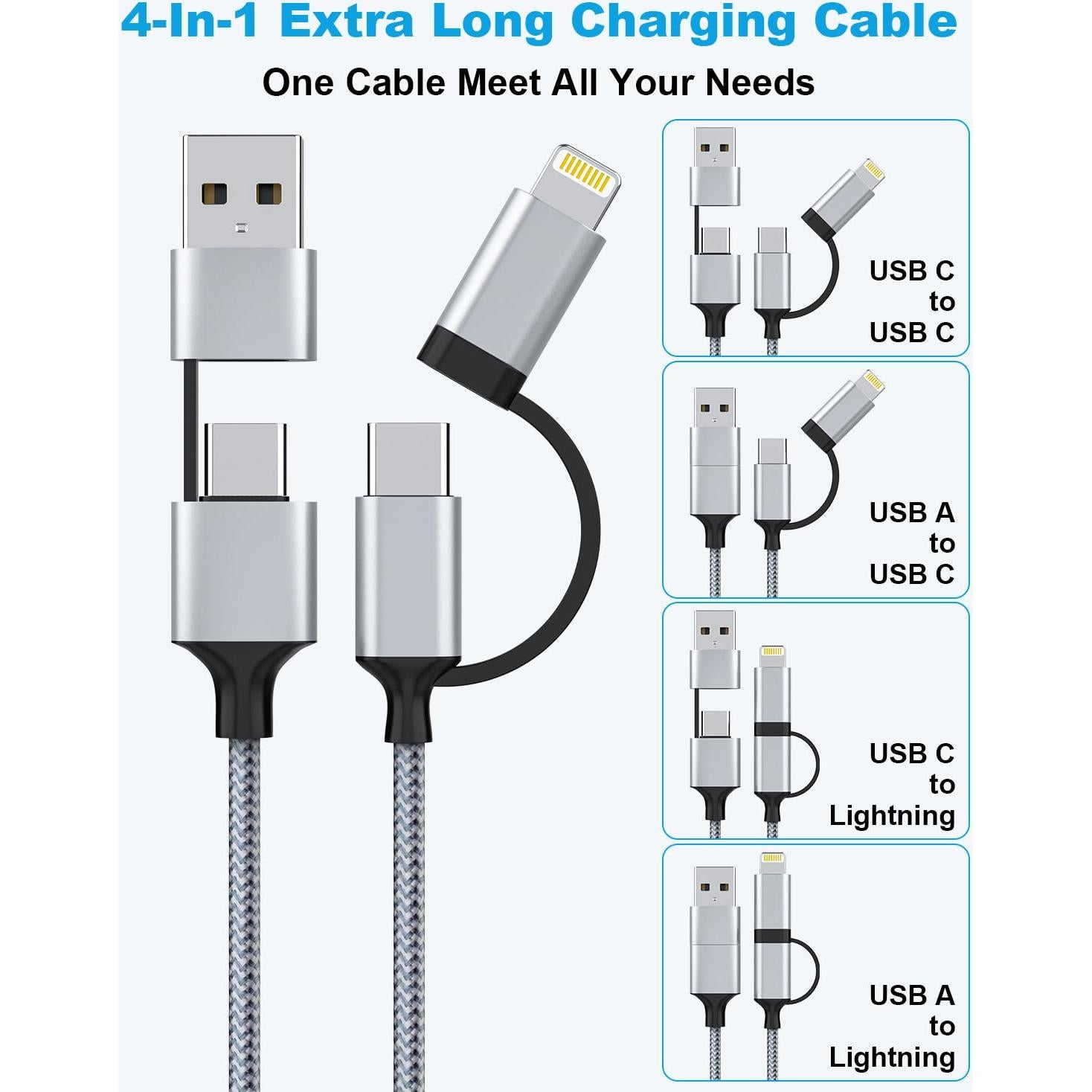 Cable de Carga Extra Largo 6m USB-C y Lightning 60W Gris