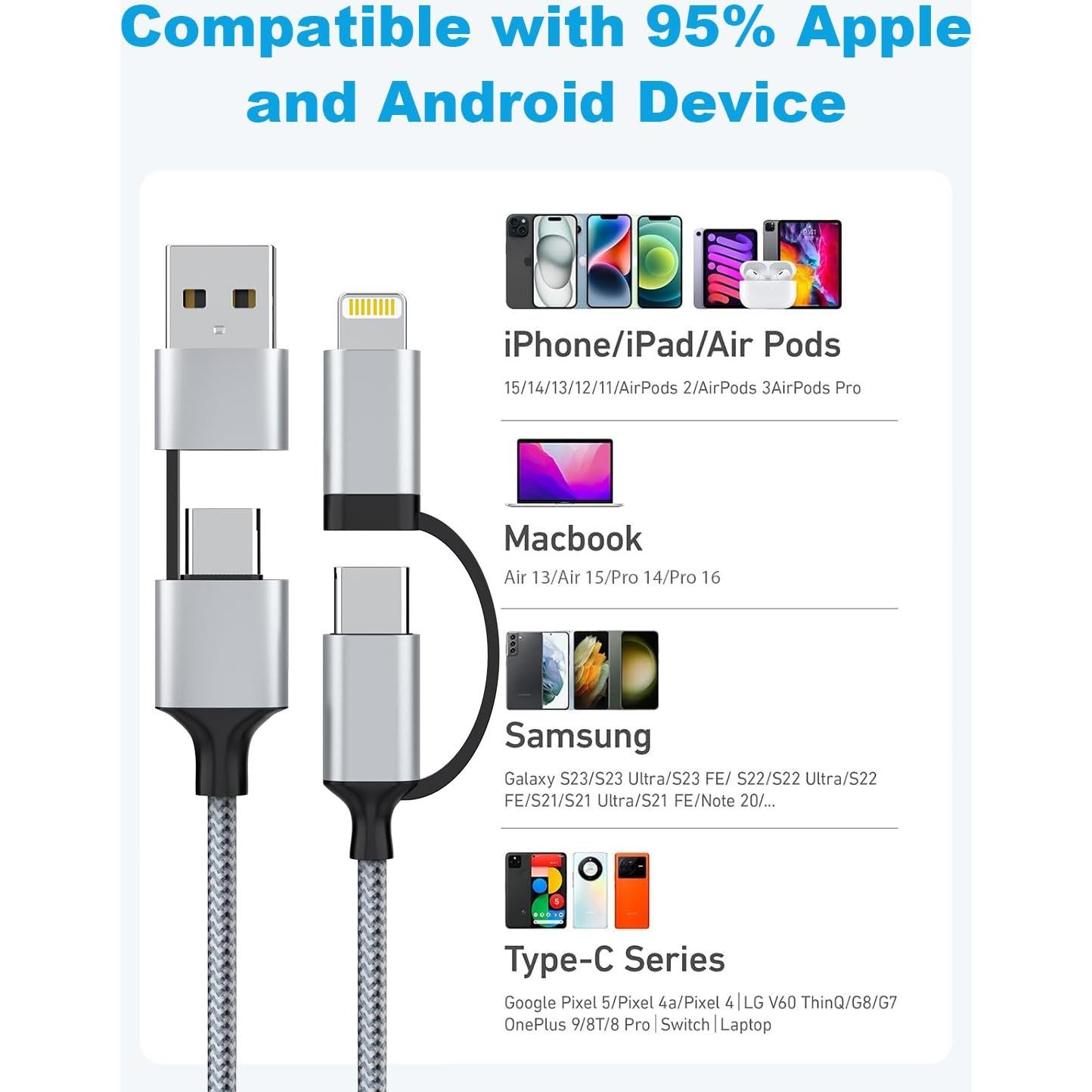 Cable de Carga Extra Largo 6m USB-C y Lightning 60W Gris