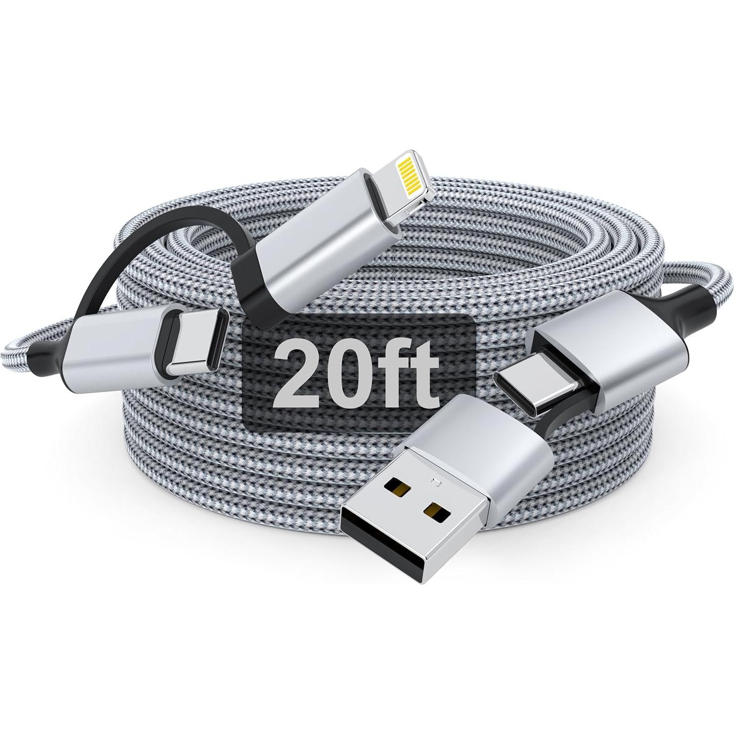 Cable de Carga Extra Largo 6m USB-C y Lightning 60W Gris
