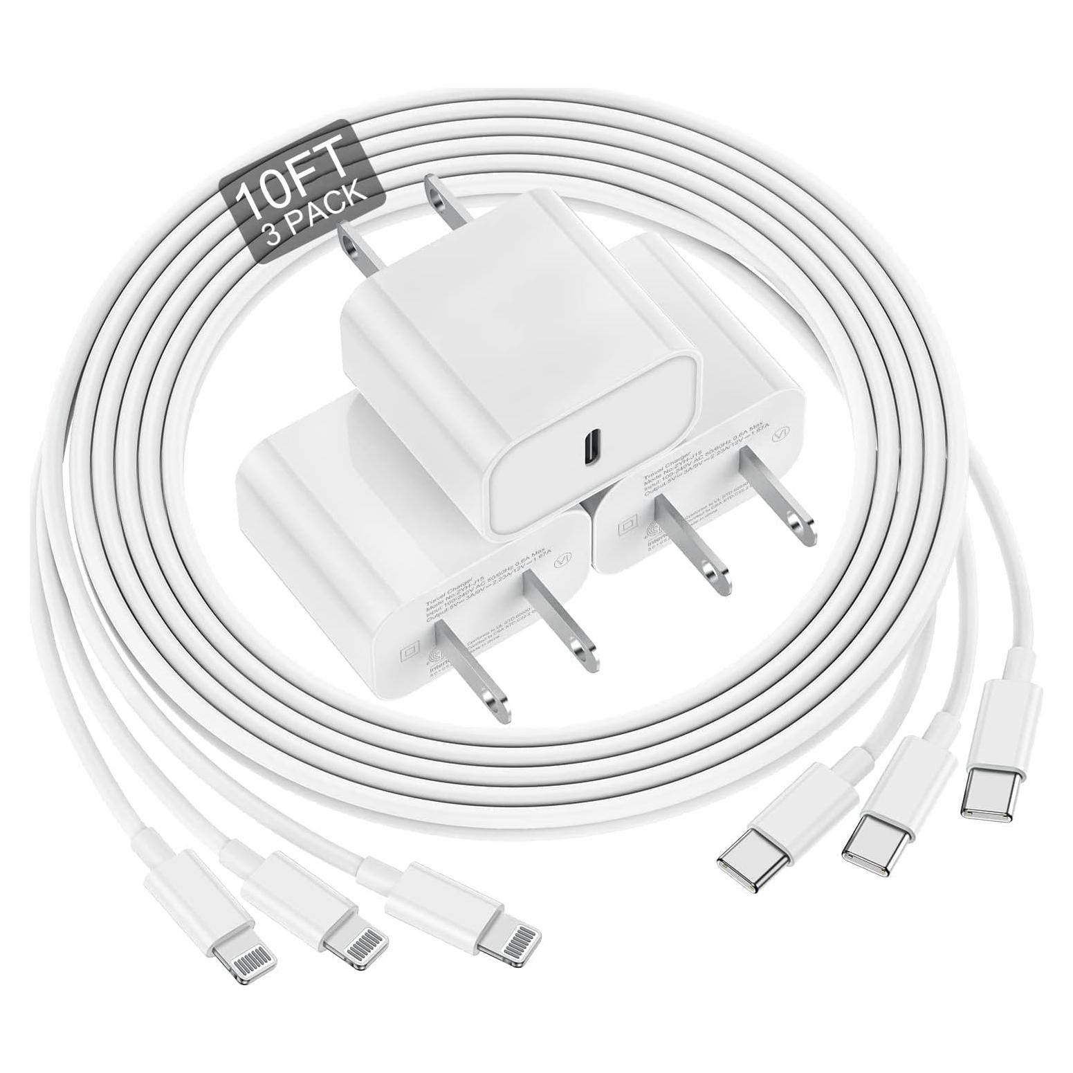 Cargador Rápido 20W Deloni con Cable USB C a Lightning 10 pies - Blanco