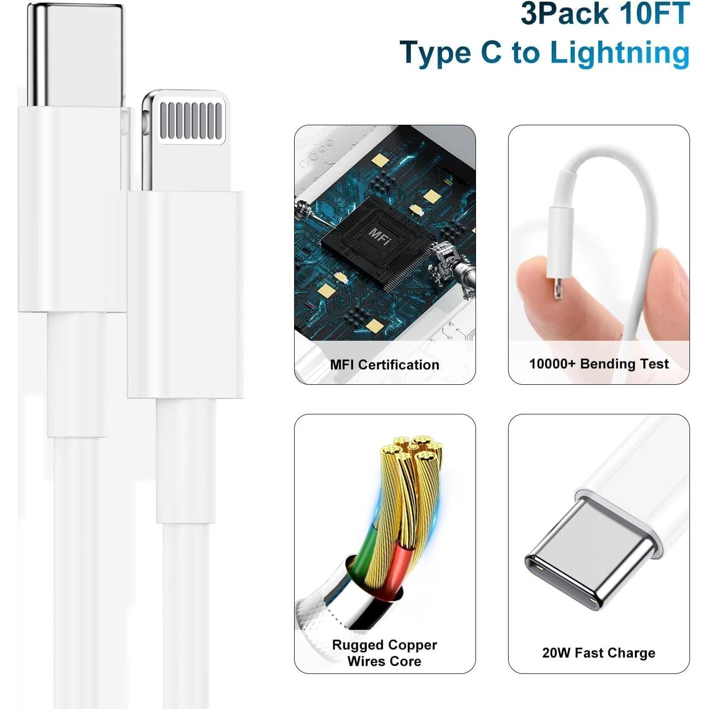 Cargador Rápido 20W Deloni con Cable USB C a Lightning 10 pies - Blanco