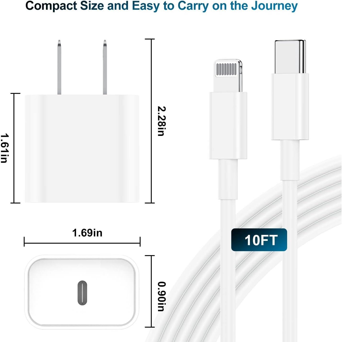Cargador Rápido 20W Deloni con Cable USB C a Lightning 10 pies - Blanco