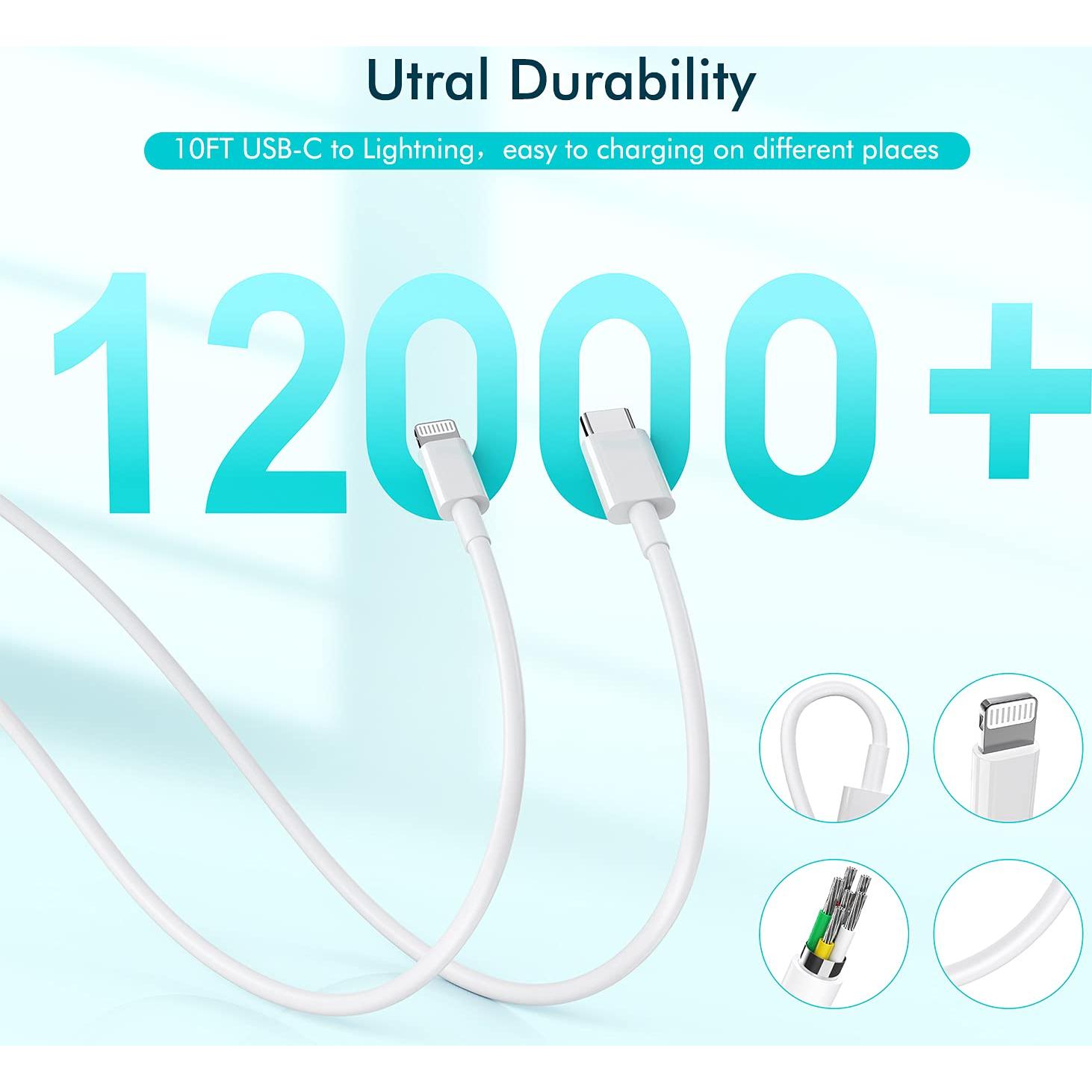 Cargador Rápido 20W USB-C con Cable Lightning 10FT Apple MFi