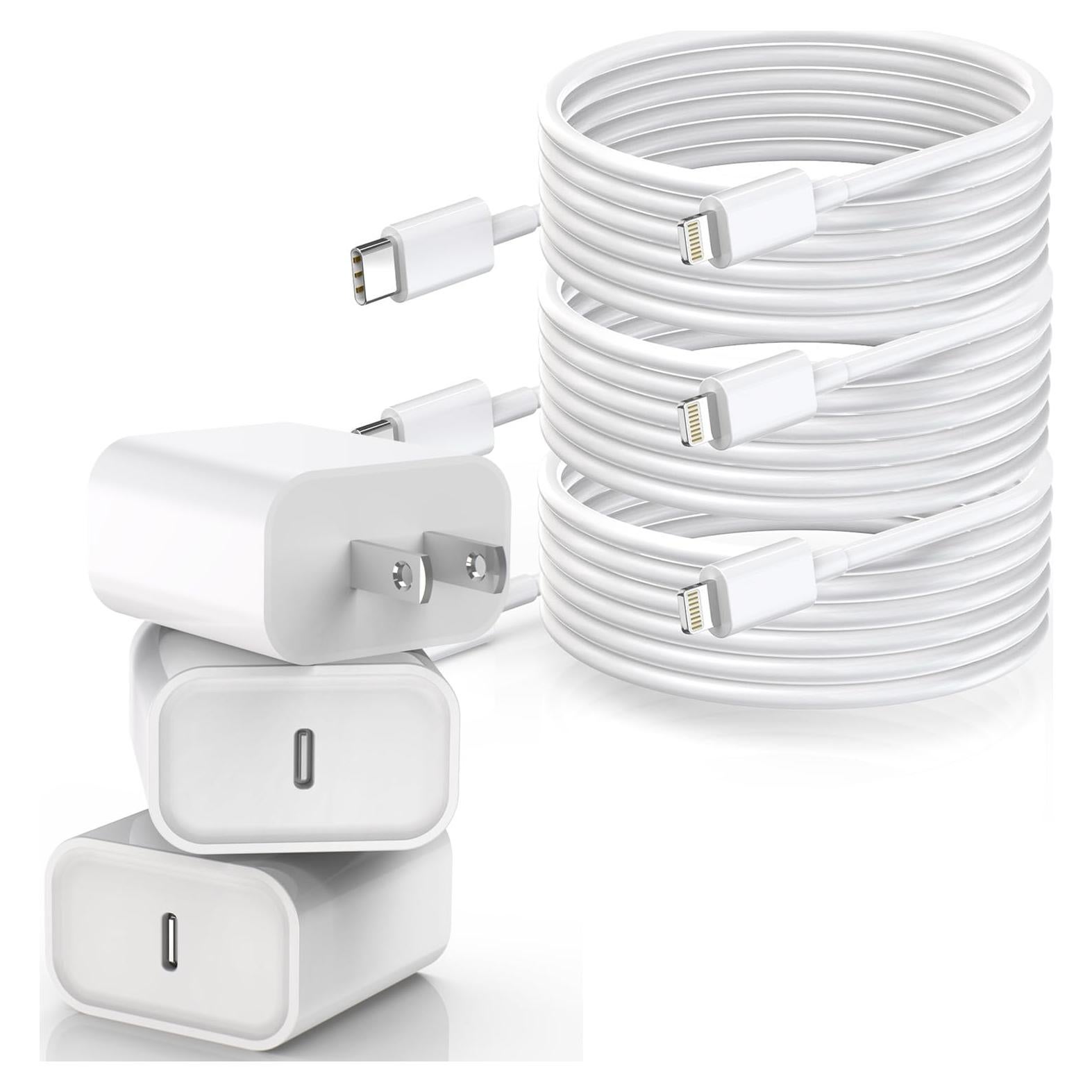 Cable de carga rápida 6 pies + cargador USB-C Apple MFi - 3 paquetes