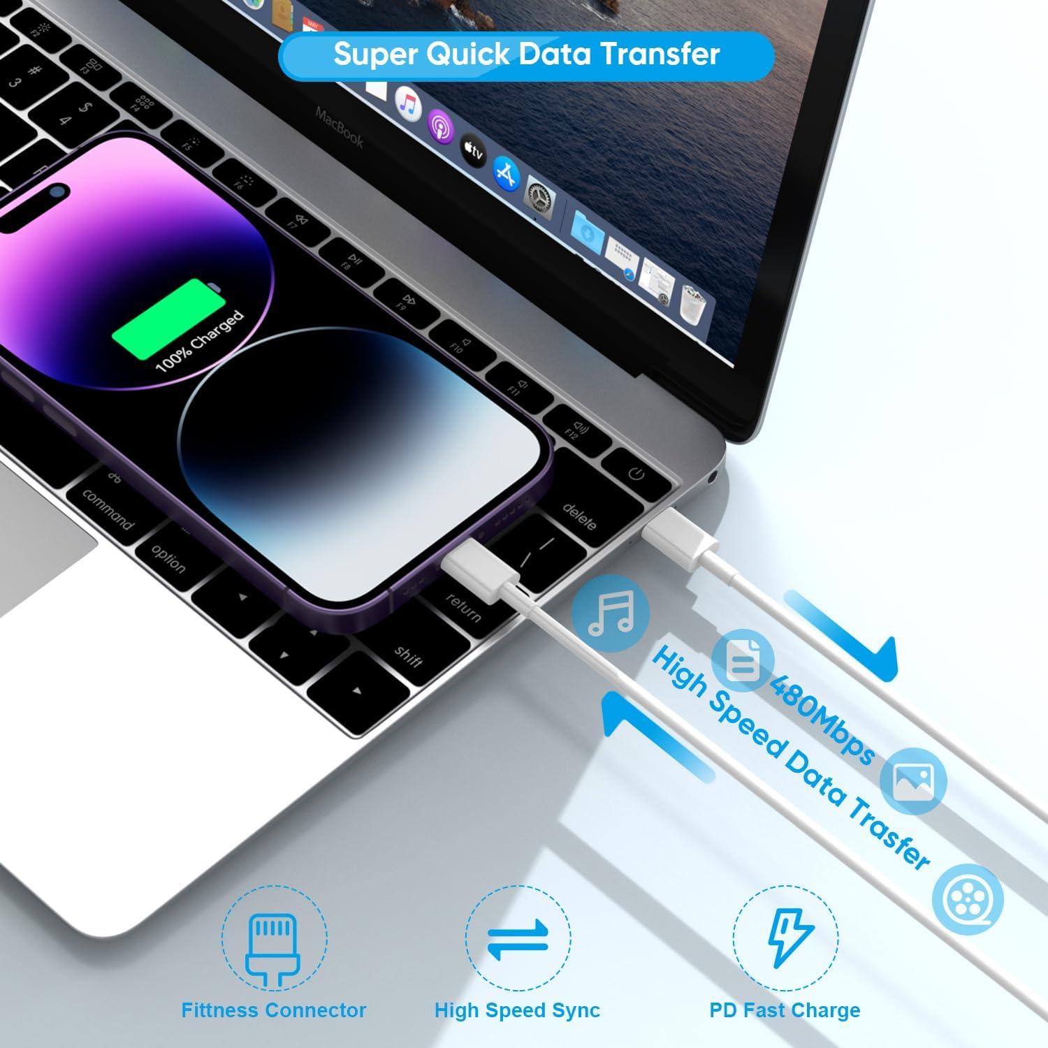 Cable de carga rápida 6 pies + cargador USB-C Apple MFi - 3 paquetes