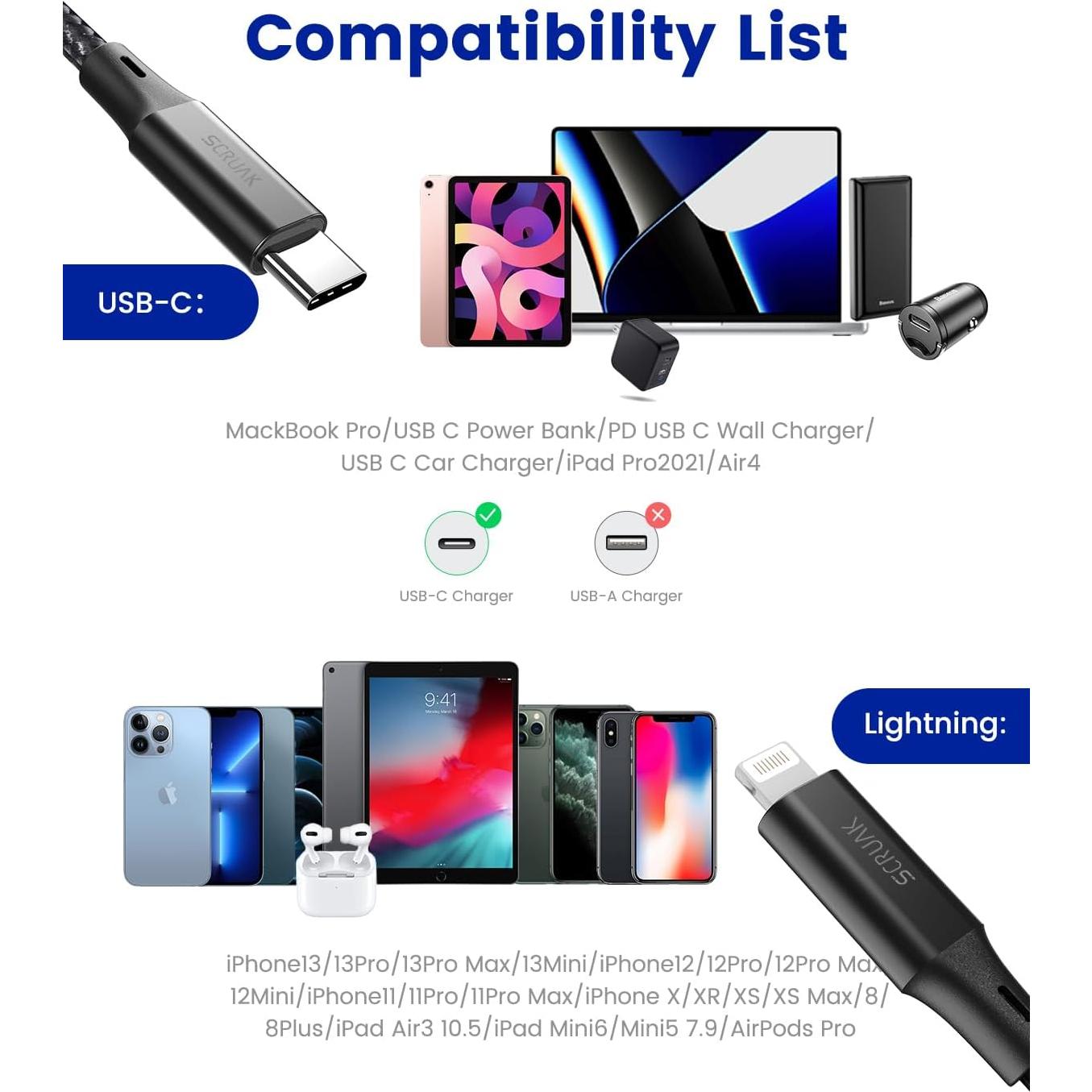 Cable USB C a Lightning 5M SCRUAK Carga Rápida iPhone