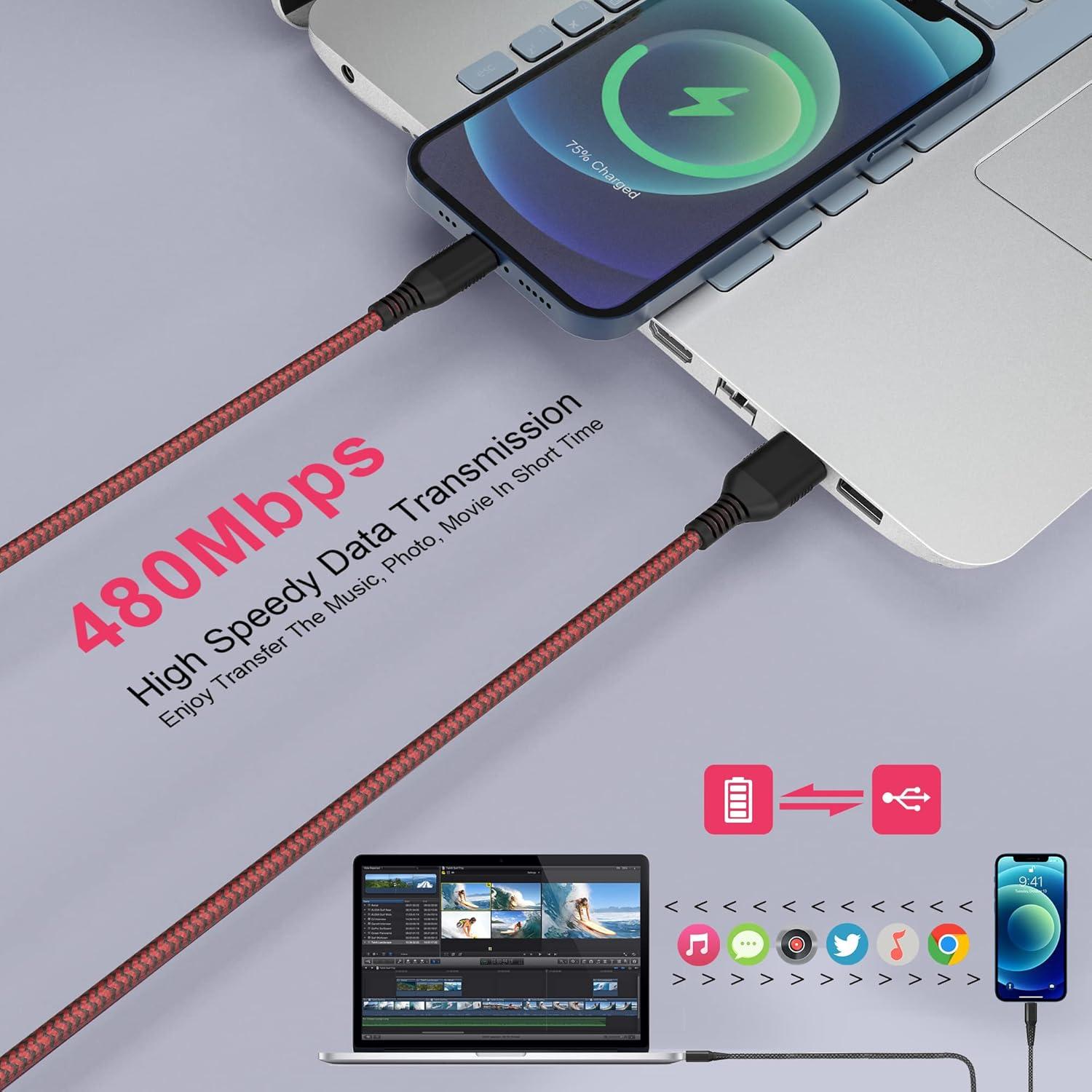 Cable de Cargador Lightning Bawanfa 6M Trenzado Rojo y Negro