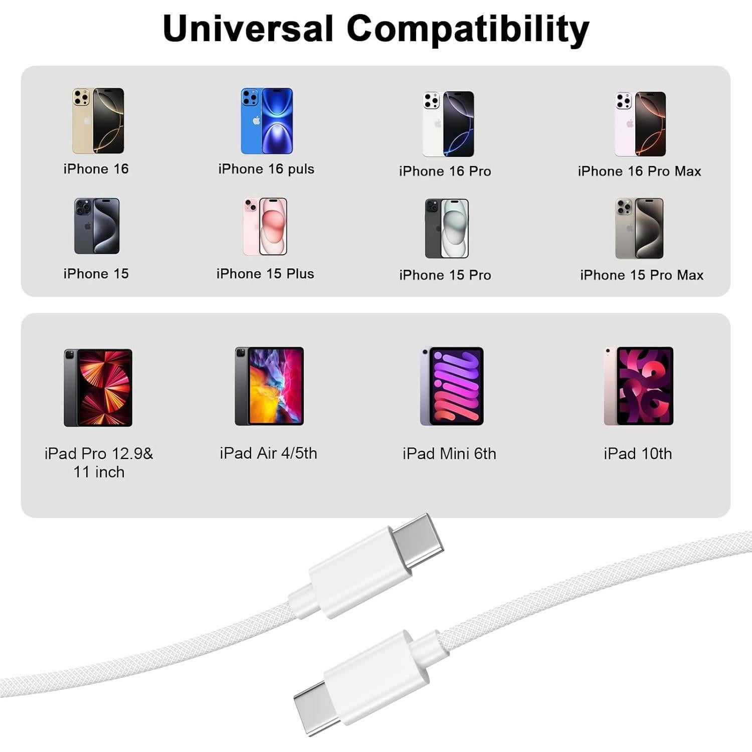 Cable de Carga USB C a C 2 Paquete 6ft 60W para iPhone 17/16