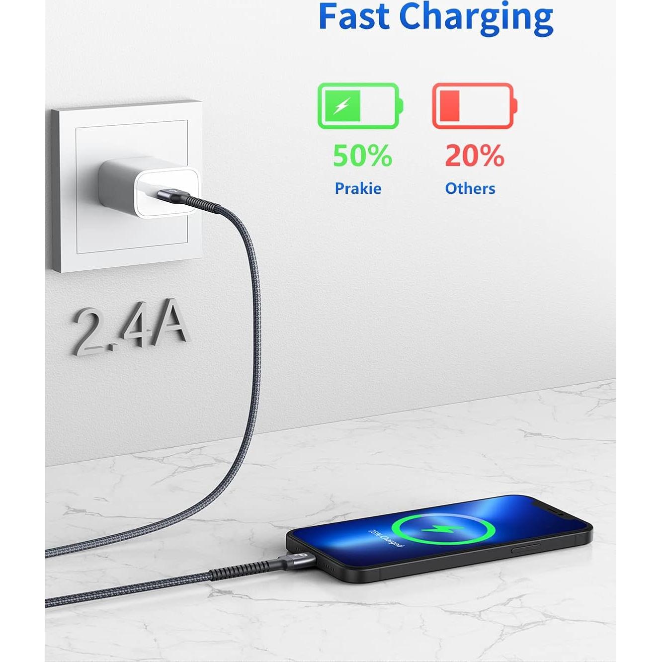 Cargador Lightning MFi PRAKIE 2 Cables 10FT Nylon Gris