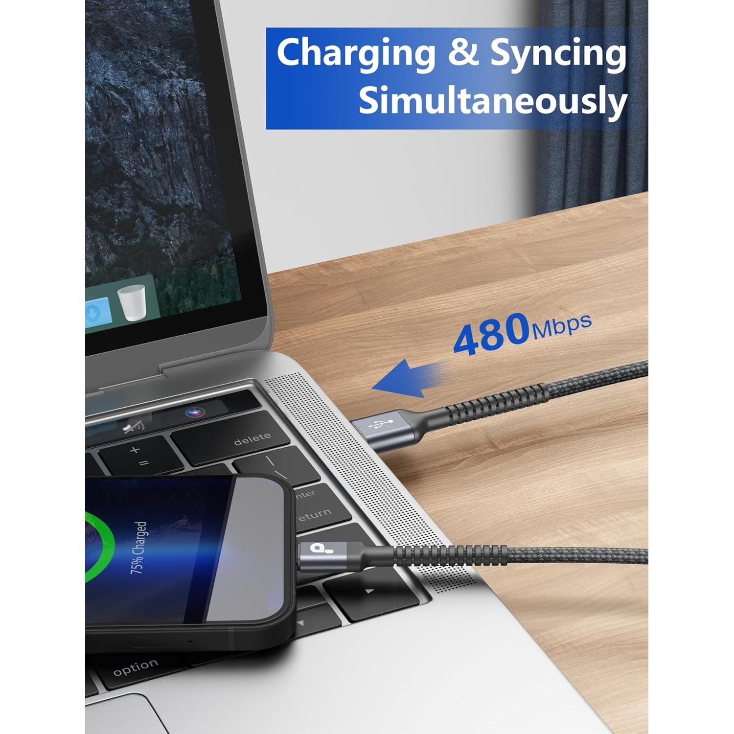 Cargador Lightning MFi PRAKIE 2 Cables 10FT Nylon Gris