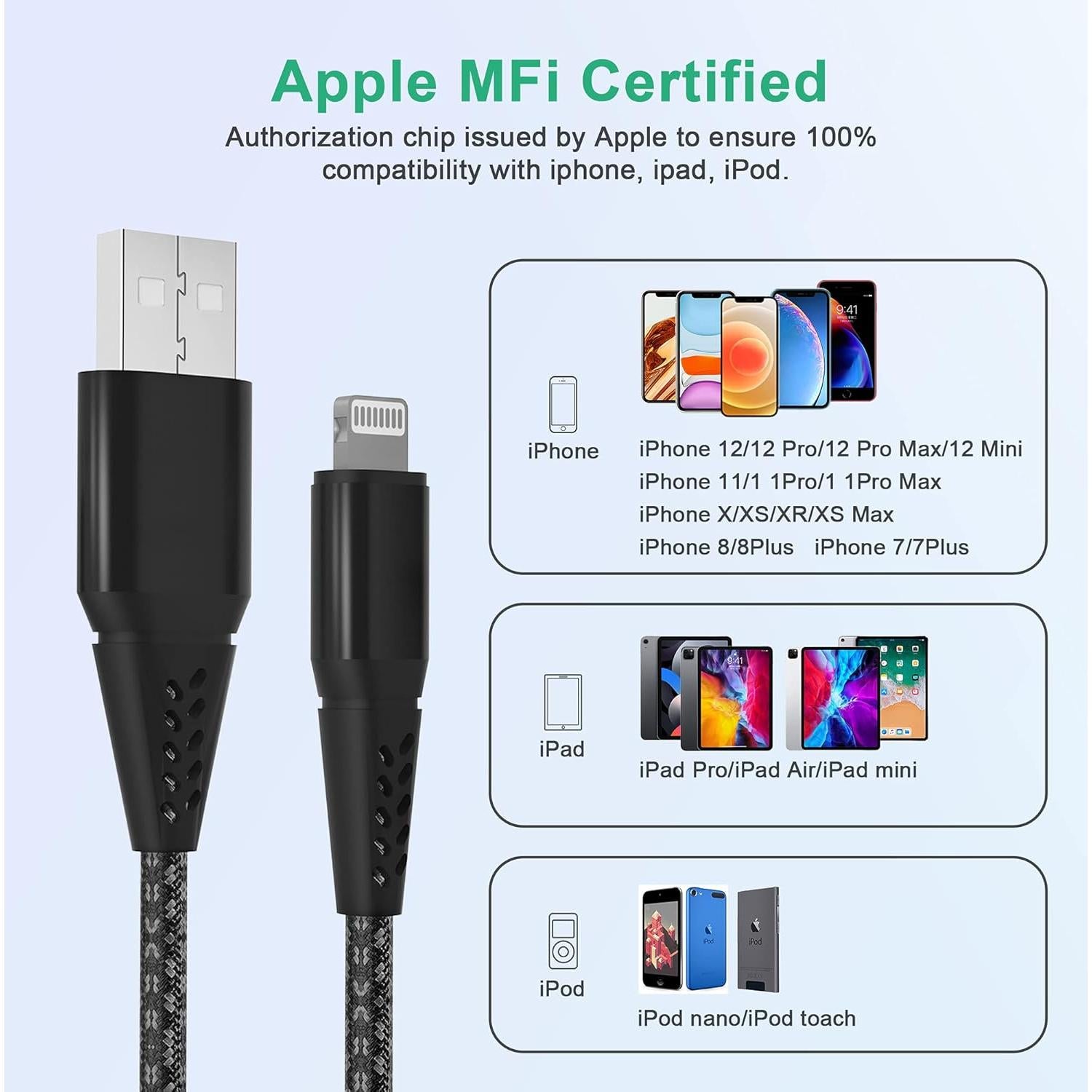 Cable de Cargador Rápido 8M MFi Nylon Trenzado para iPhone