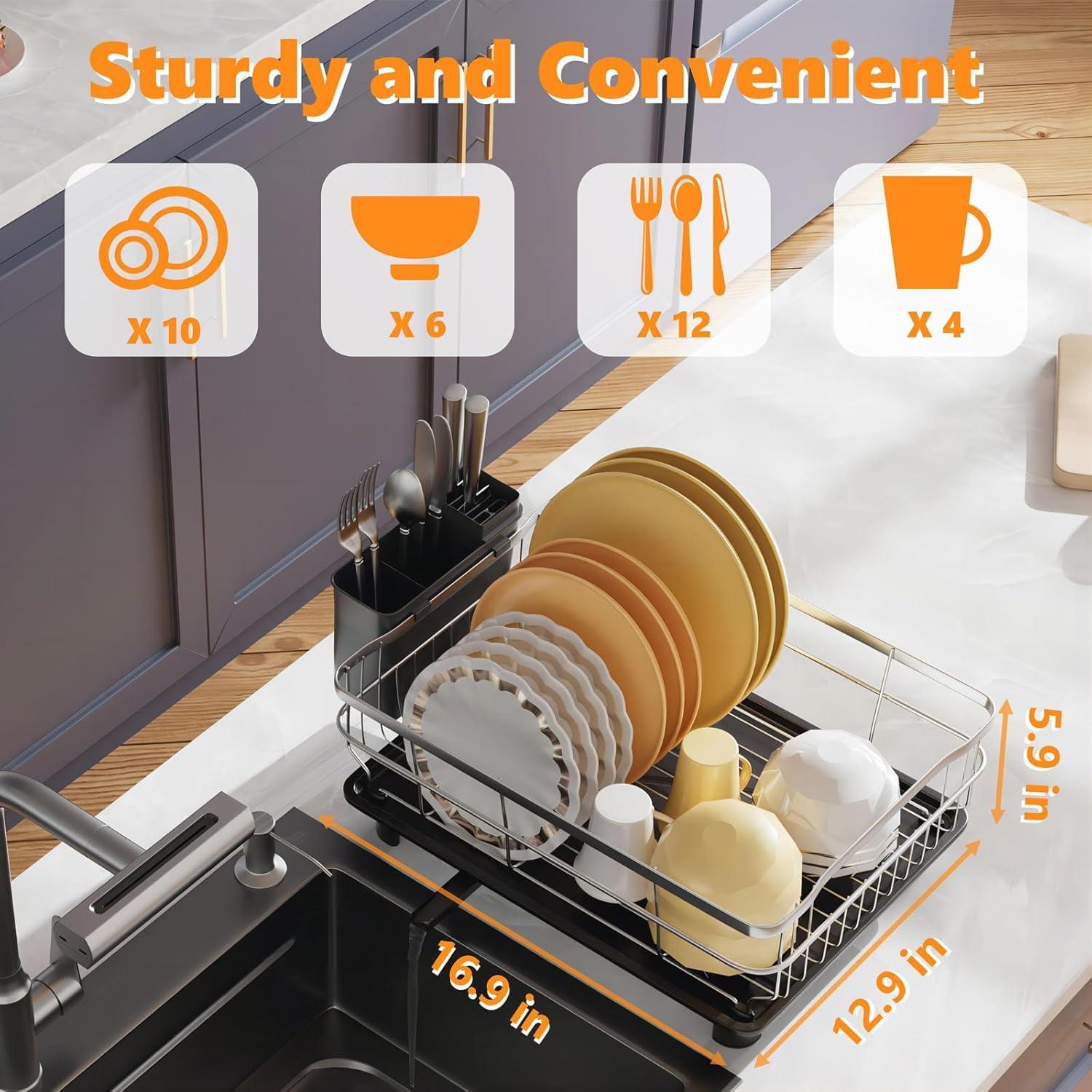 Escurridor de Platos AIDERLY de Acero Inoxidable Negro con Drenaje