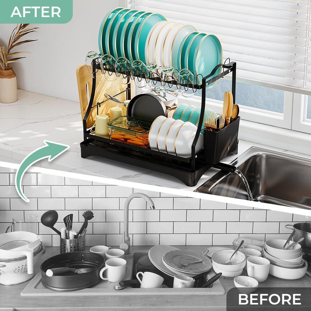 Escurridor de Platos Grande HANLE 2 Niveles Acero Inoxidable Negro