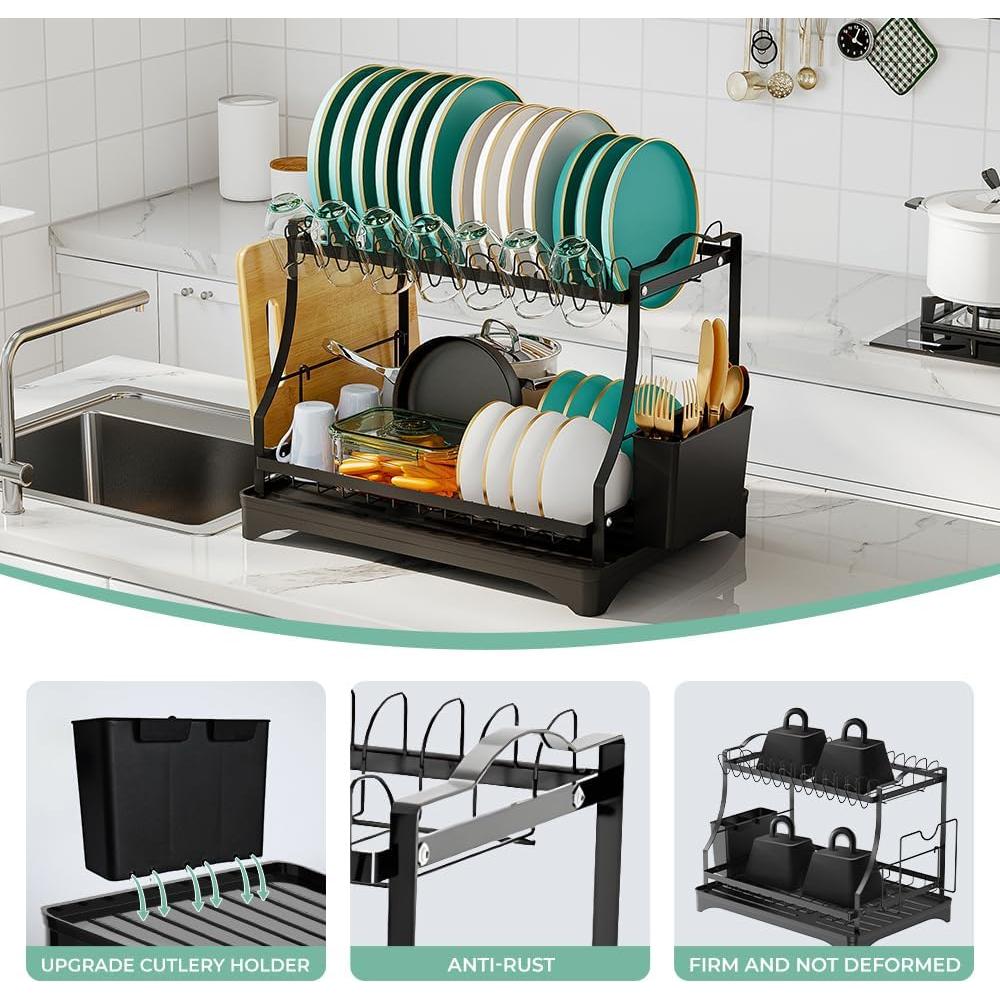 Escurridor de Platos Grande HANLE 2 Niveles Acero Inoxidable Negro