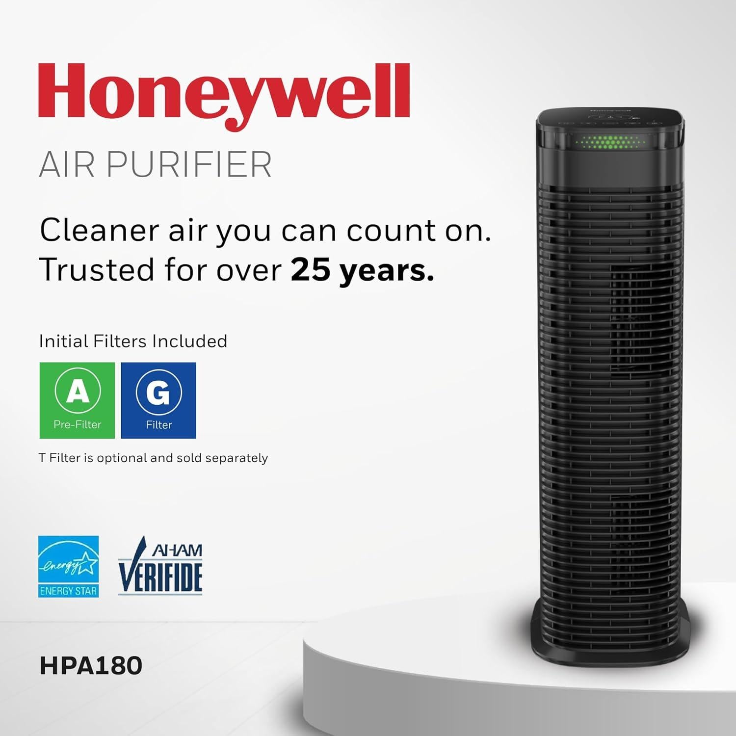 Purificador de Aire HEPA Honeywell HPA180 para 92 m², Negro