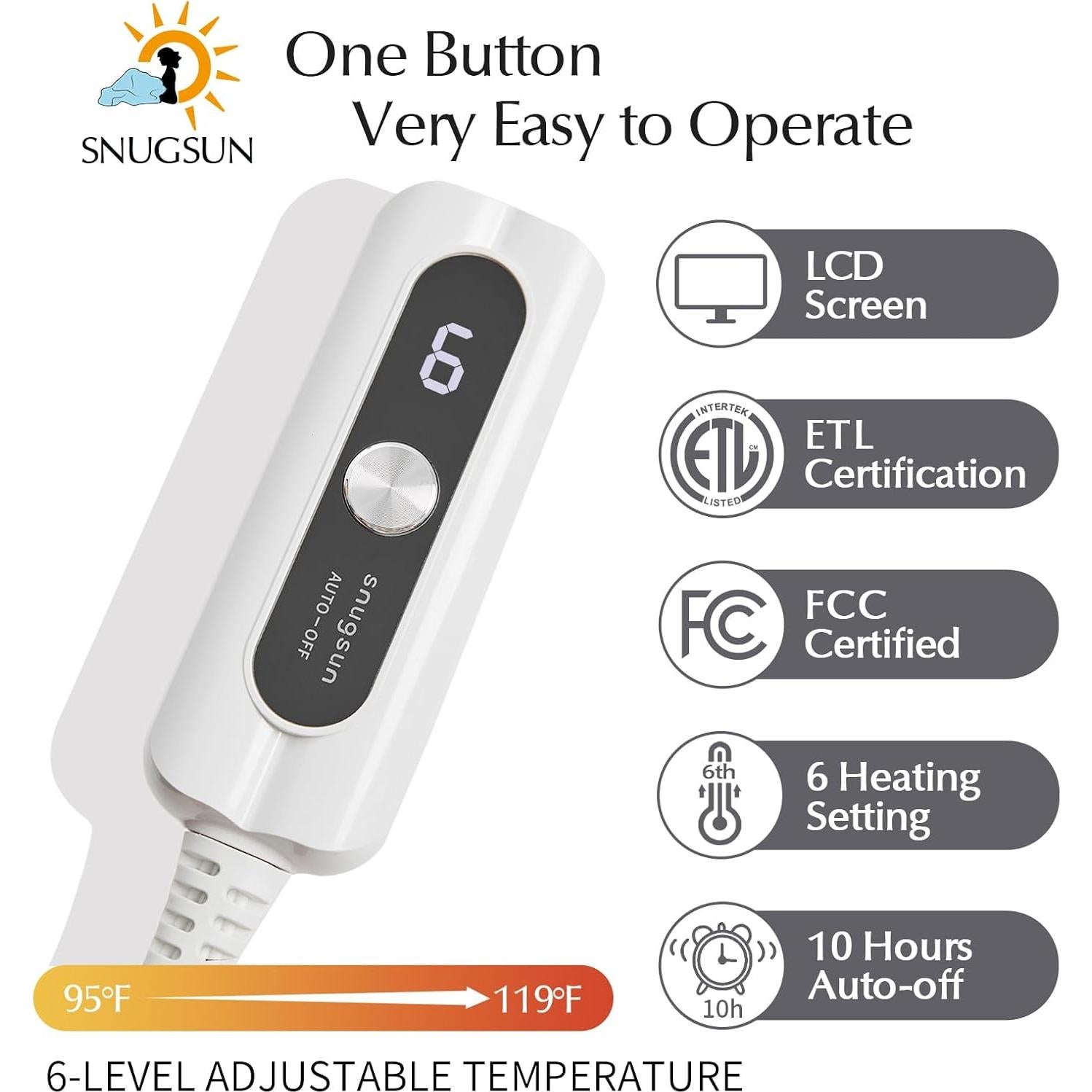 Manta Eléctrica Calentada SNUGSUN Individual 157x213cm Gris