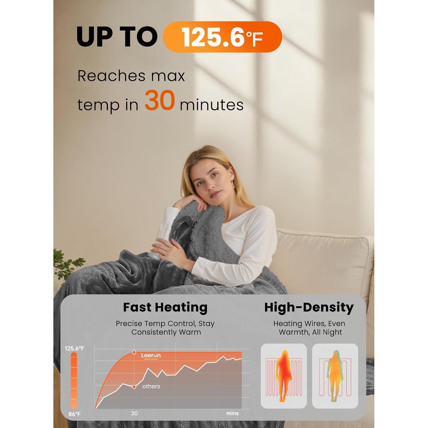 Manta Eléctrica Térmica LEERUN Tiro Gris, 8 Niveles de Calor
