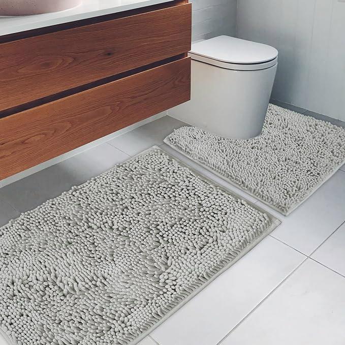 Juego de 2 Alfombrillas de Baño AINAHYVA Chenille Gris Claro