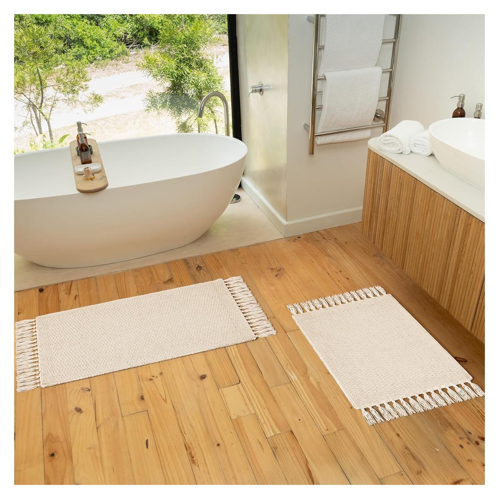 Juego de 2 Alfombrillas de Baño KIBAGA Algodón Beige Antideslizantes