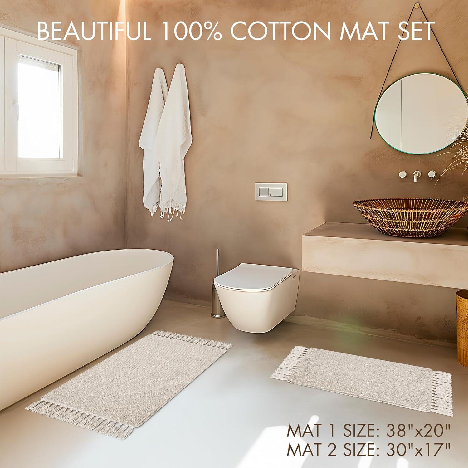 Juego de 2 Alfombrillas de Baño KIBAGA Algodón Beige Antideslizantes