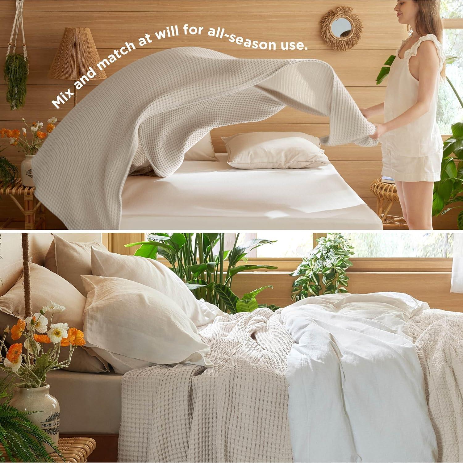 Manta Tejida Waffle Bedsure 100% Algodón Queen Beige 90x90cm