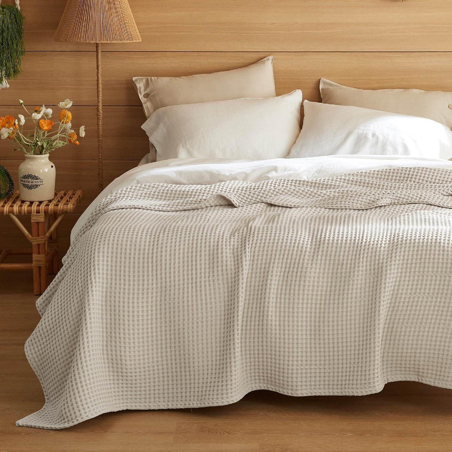 Manta Tejida Waffle Bedsure 100% Algodón Queen Beige 90x90cm