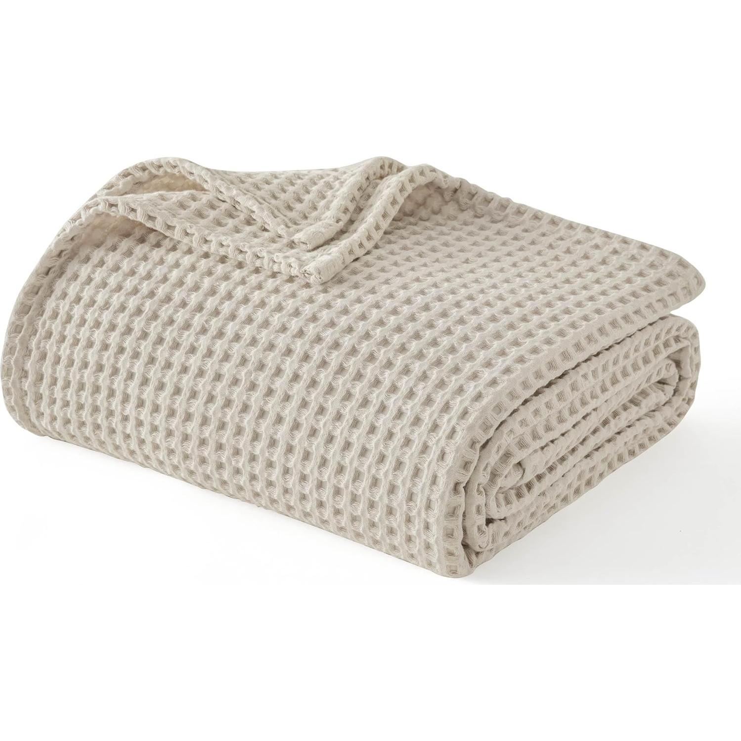 Manta Tejida Waffle Bedsure 100% Algodón Queen Beige 90x90cm