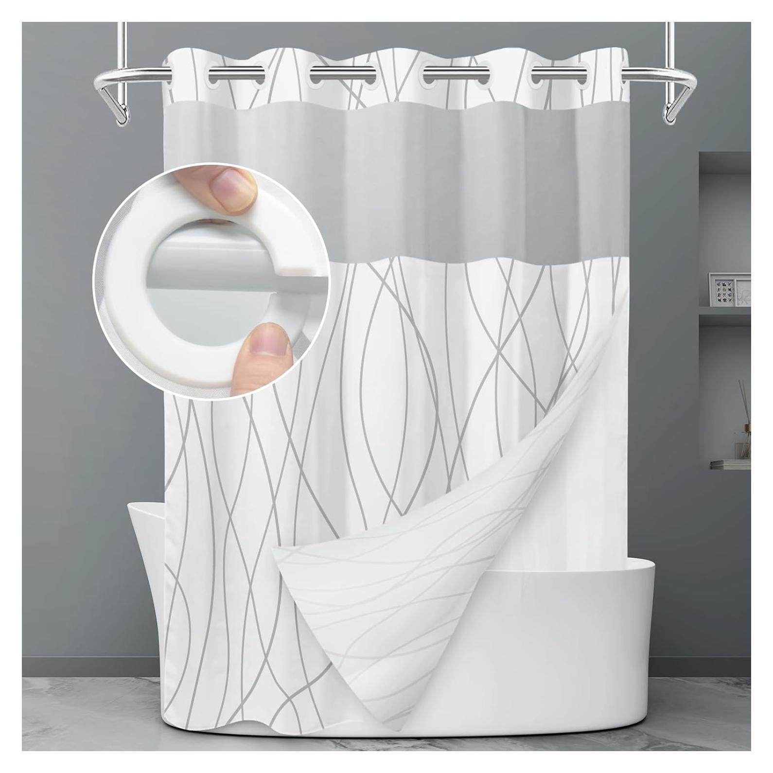Cortina de Ducha LXBNI Rayas Gris y Blanca 180x188 cm Sin Ganchos