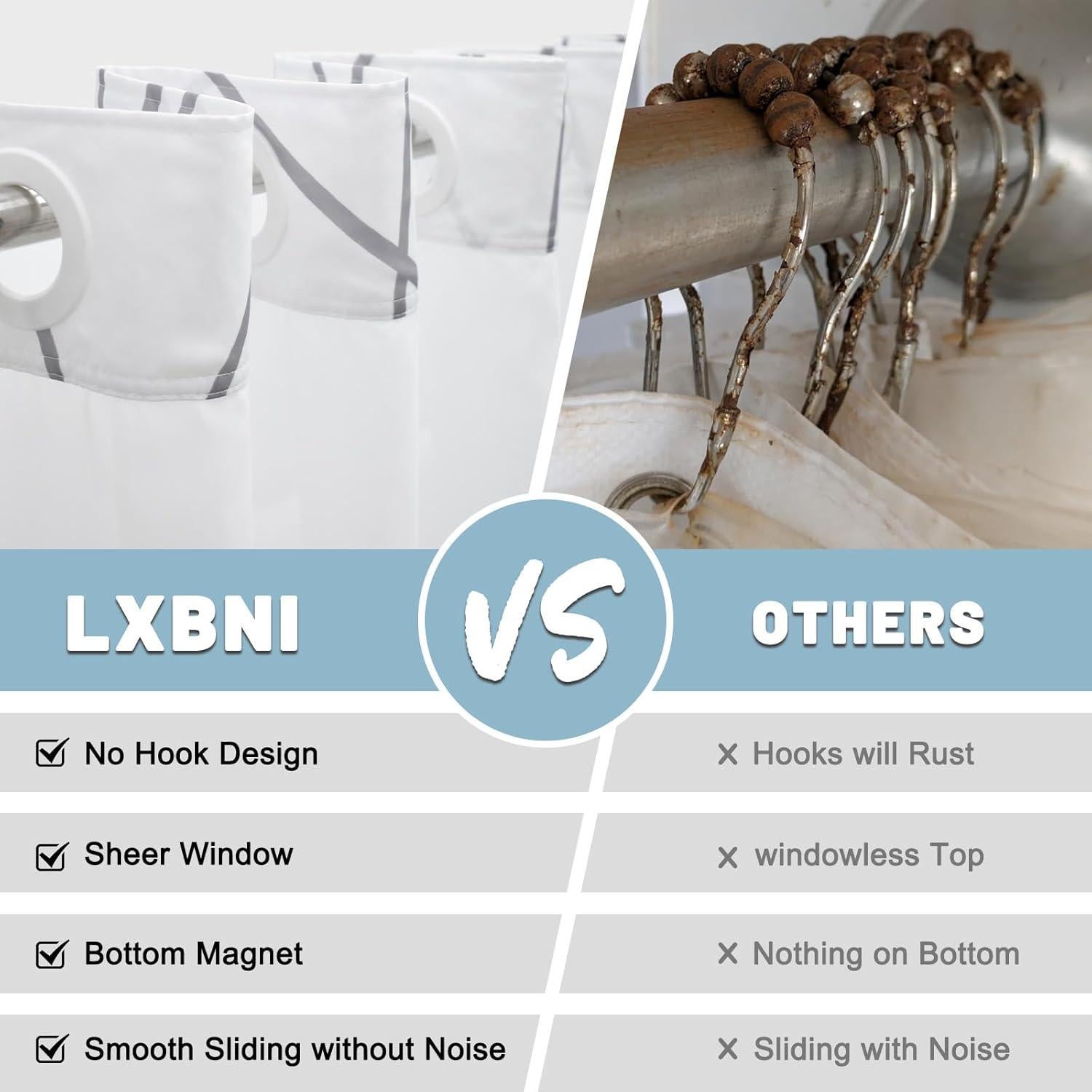 Cortina de Ducha LXBNI Rayas Gris y Blanca 180x188 cm Sin Ganchos